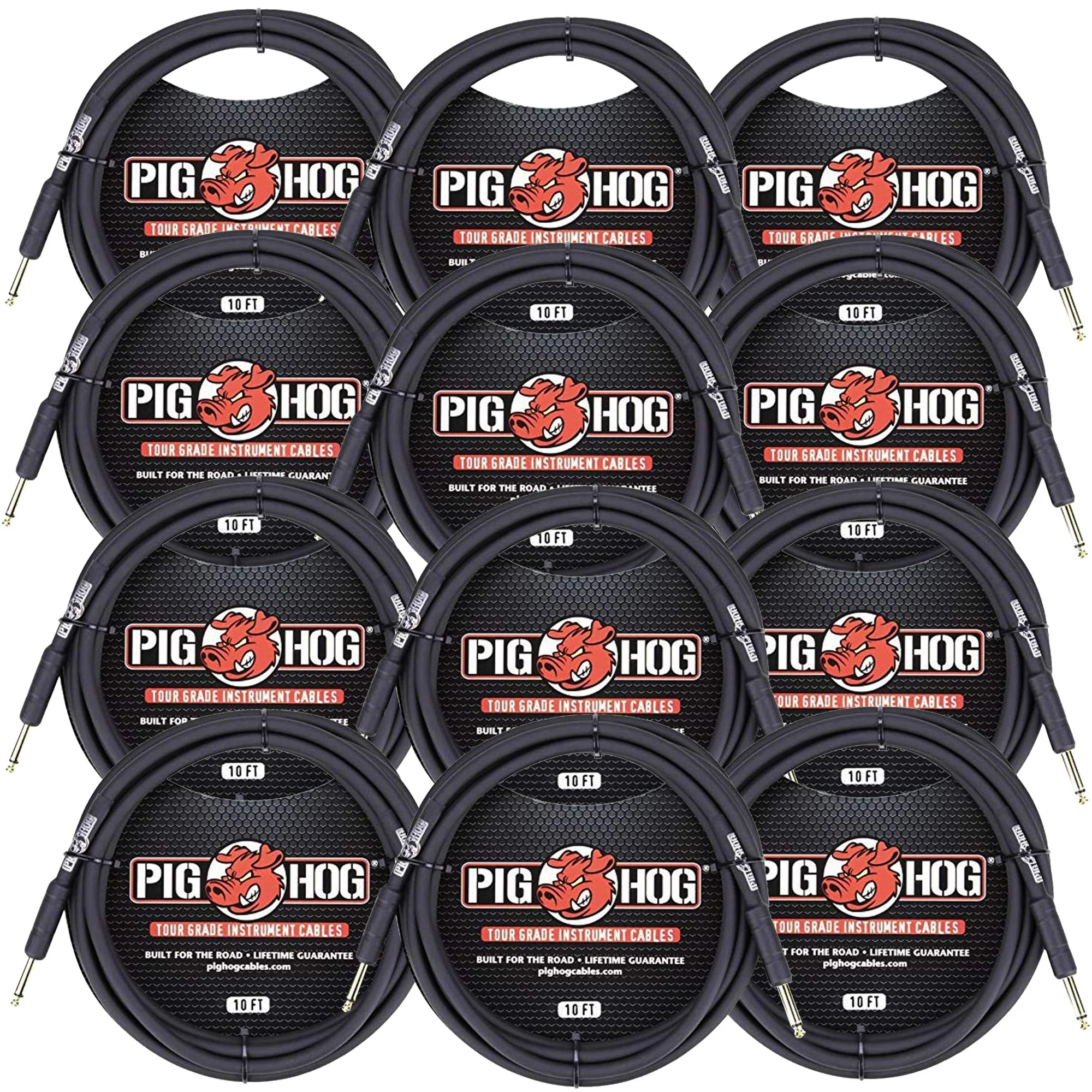 12x Pig Hog Tour Grade 10ft Instrument Cable 1/4" to 1/4" Straight Connectors Black - PH10