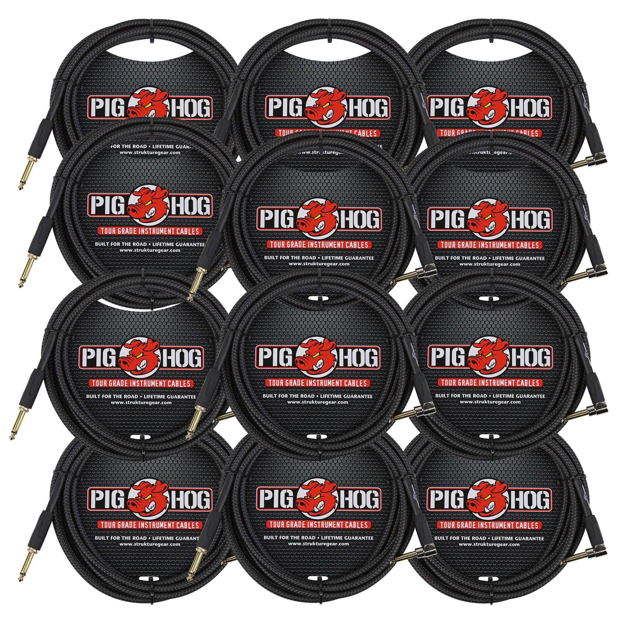 12x Pig Hog Black Woven Tour Grade Instrument Cable 1/4" to 1/4" Right Angle 10ft , PCH10BKR