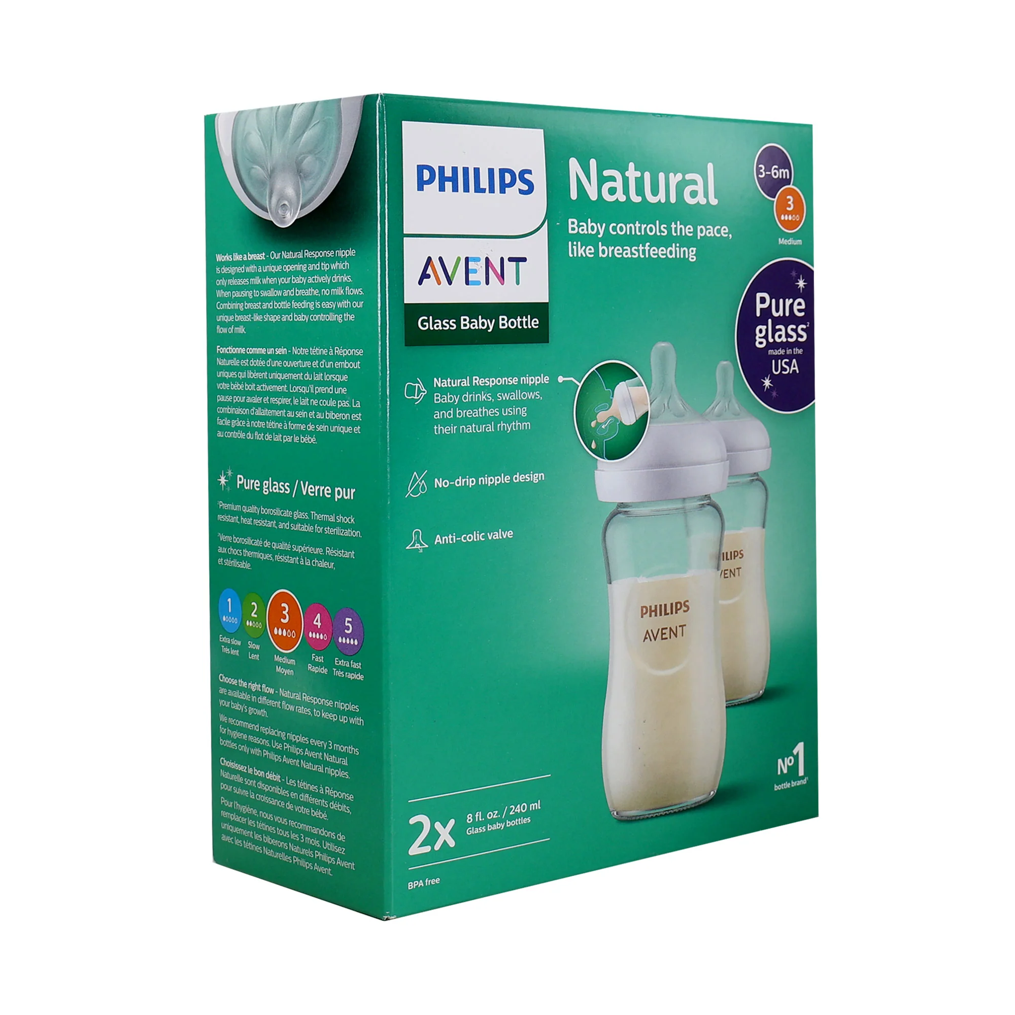 2x Philips Avent Natural Glass Baby Bottles with Natural Response Nipples (Medium Flow, Flow 3), 8oz, 2-Pack, SCY913/02 - Image 3