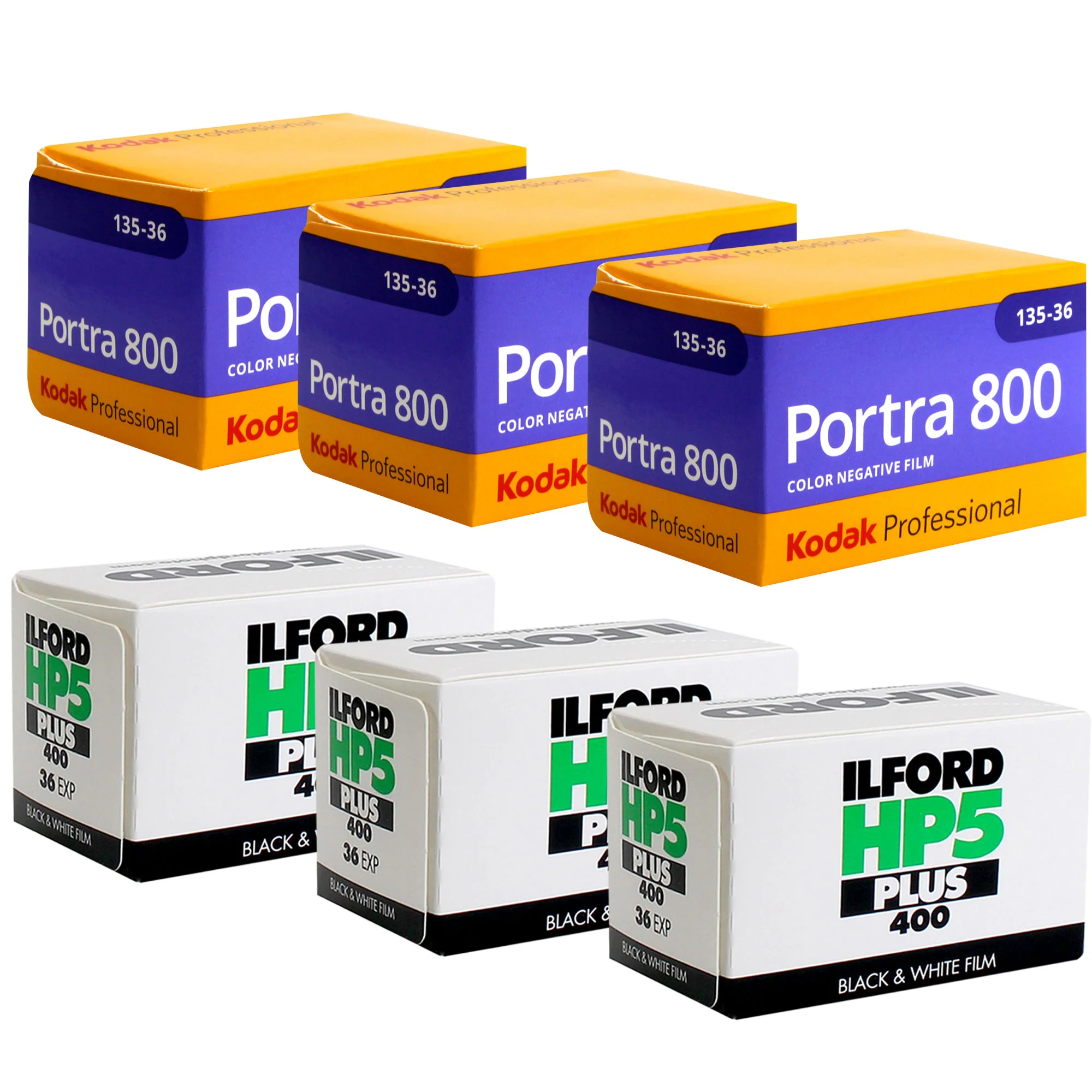 3x Kodak Professional Portra 800 Color Negative Film (35mm Roll Film, 36 Exposures) with 3x Ilford HP5 Plus Black and White Negative Film (35mm Roll Film, 36 Exposures)