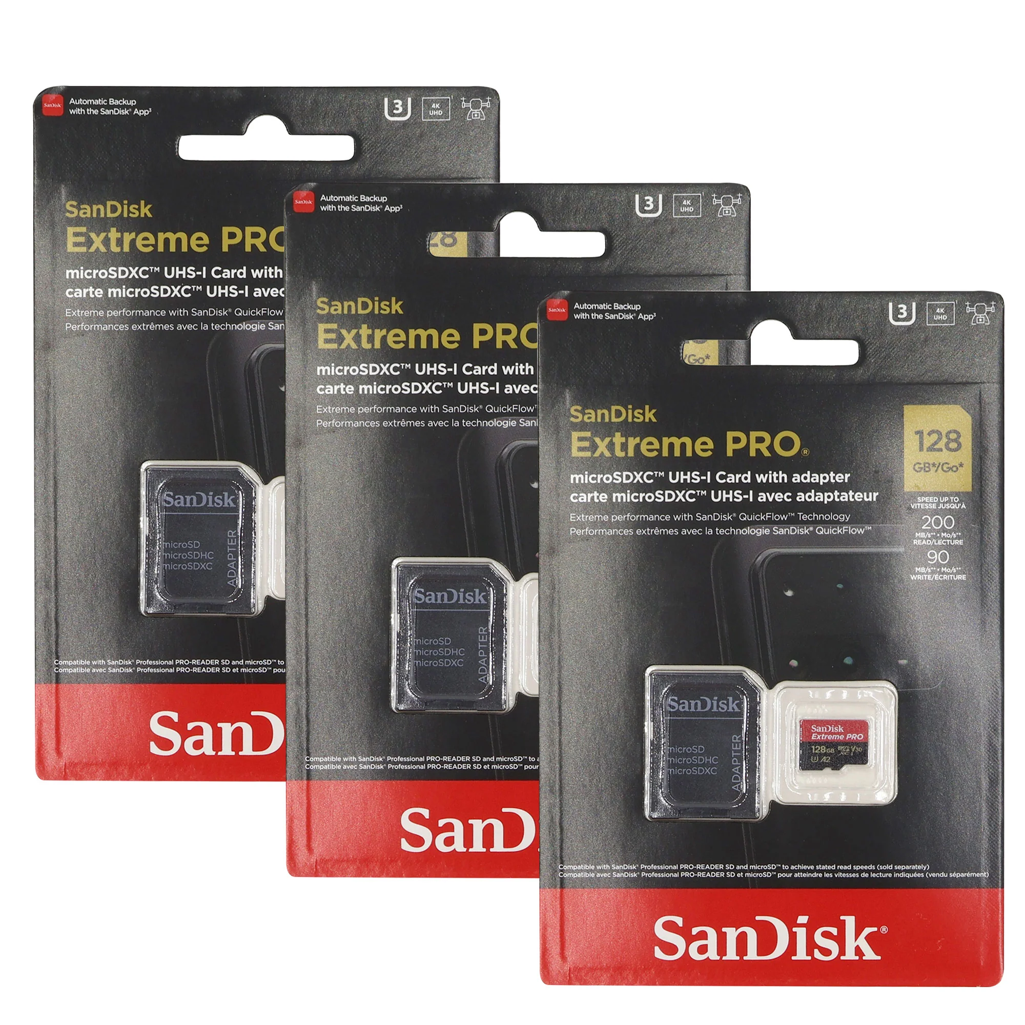 3x Sandisk 128GB Extreme Pro UHS-I Micro SD Up to 200MB/s Read 90MB/s Write with SD Adapter