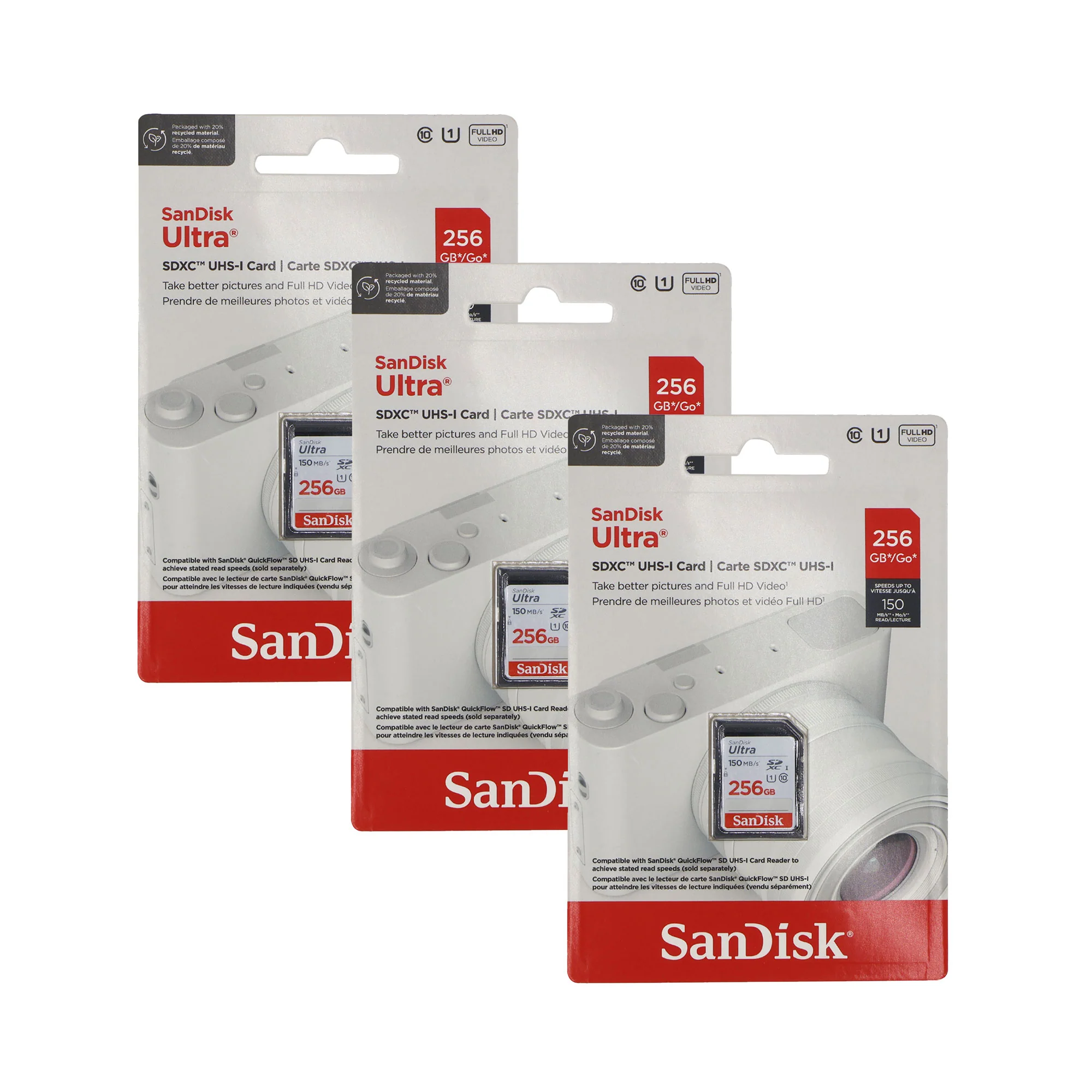 3x Sandisk 256GB Ultra SDXC UHS-I Memory Card - Up to 150MB/s