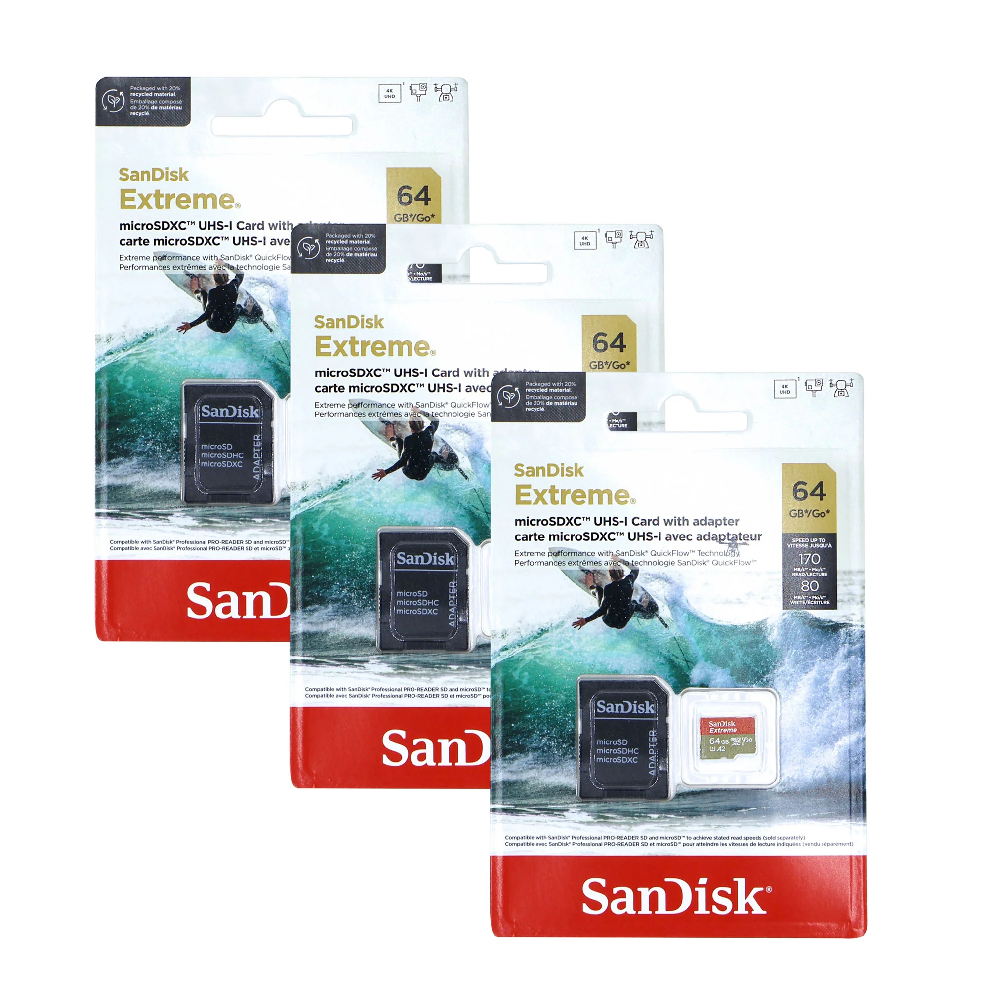 3x SanDisk Micro SD Memory Card for 64GB UHS-I Action Camera with Adapter