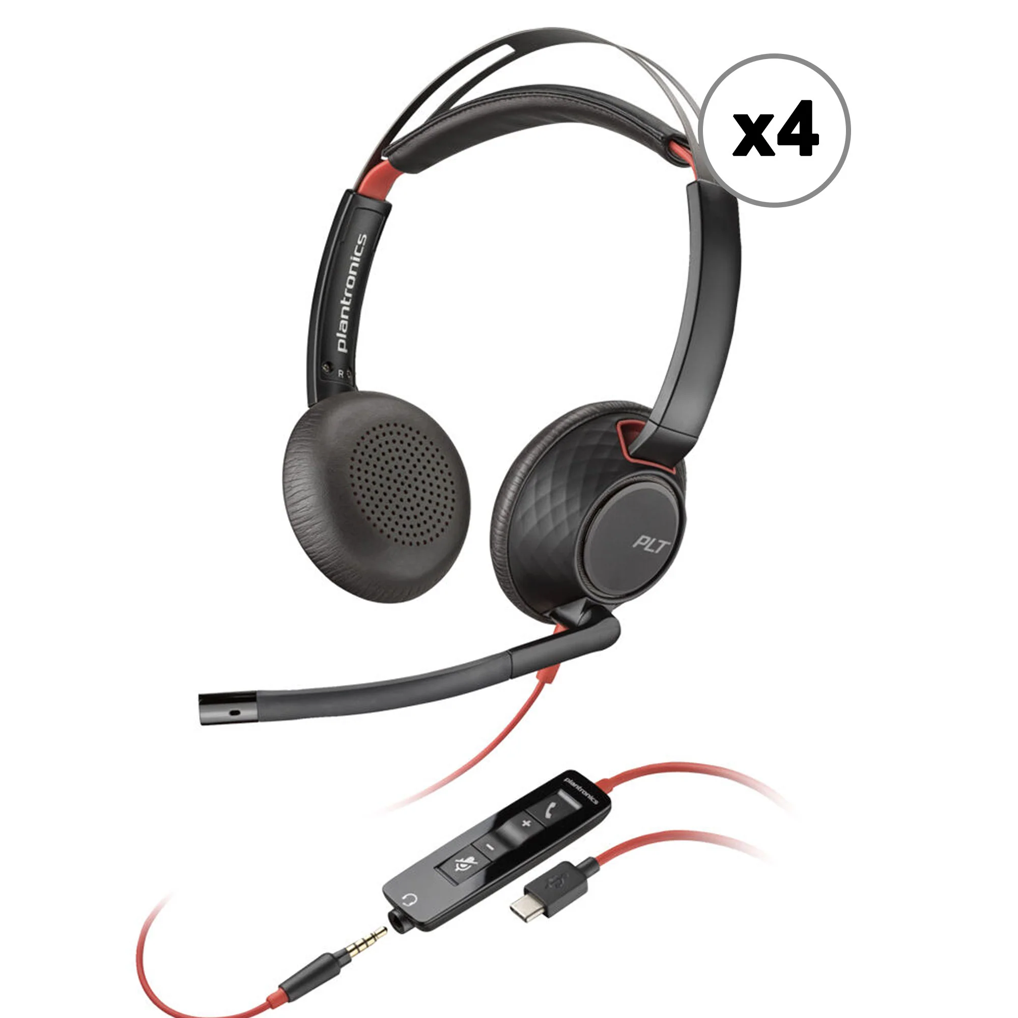 4x Poly Blackwire 5220 Stereo Wired Headset – Dual Ear USB-A/USB-C & 3.5mm with Noise-Canceling Boom Mic and Carrying Case