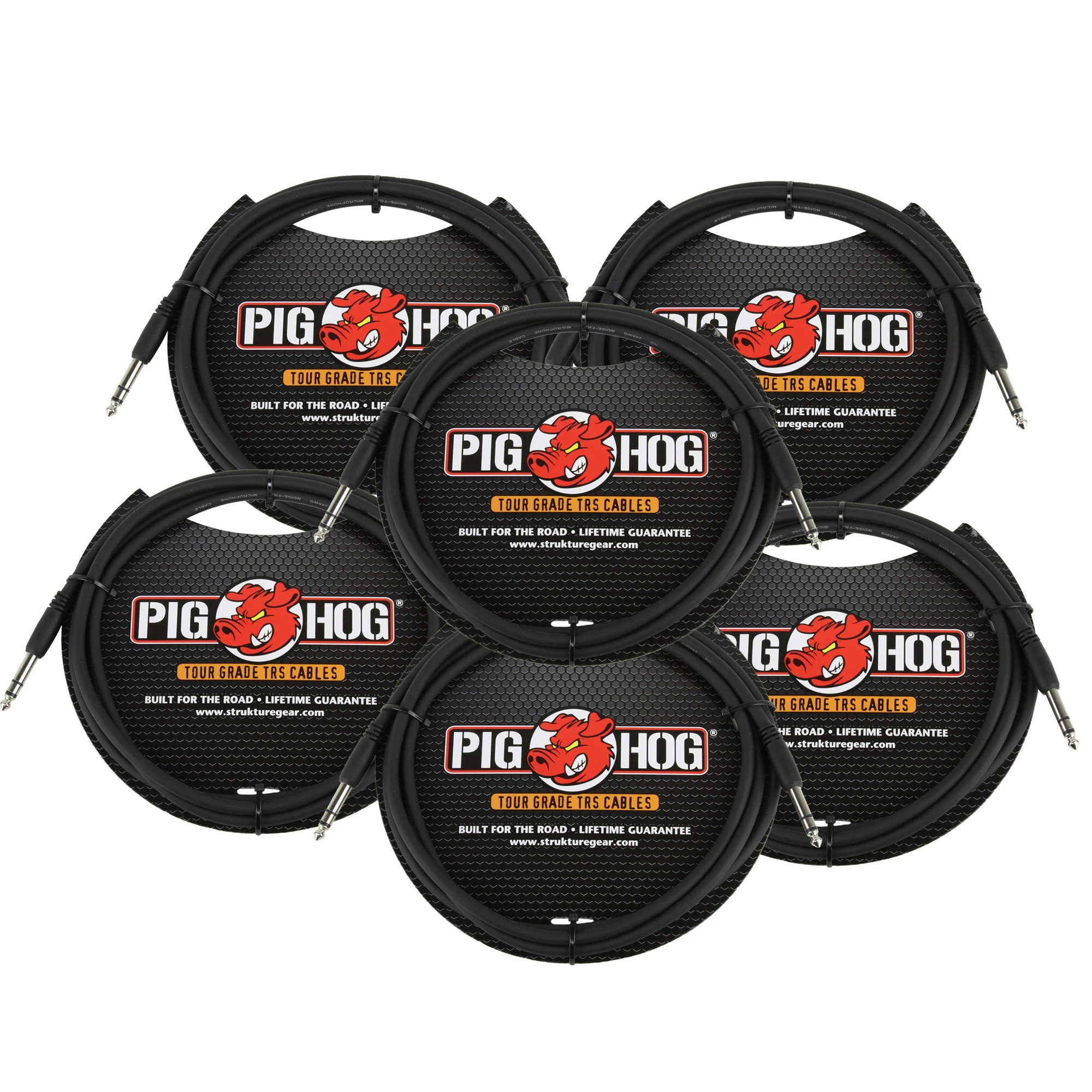 6x Pig Hog PTRS06 High Performance 1/4" TRS Instrument Cable, 6 Feet