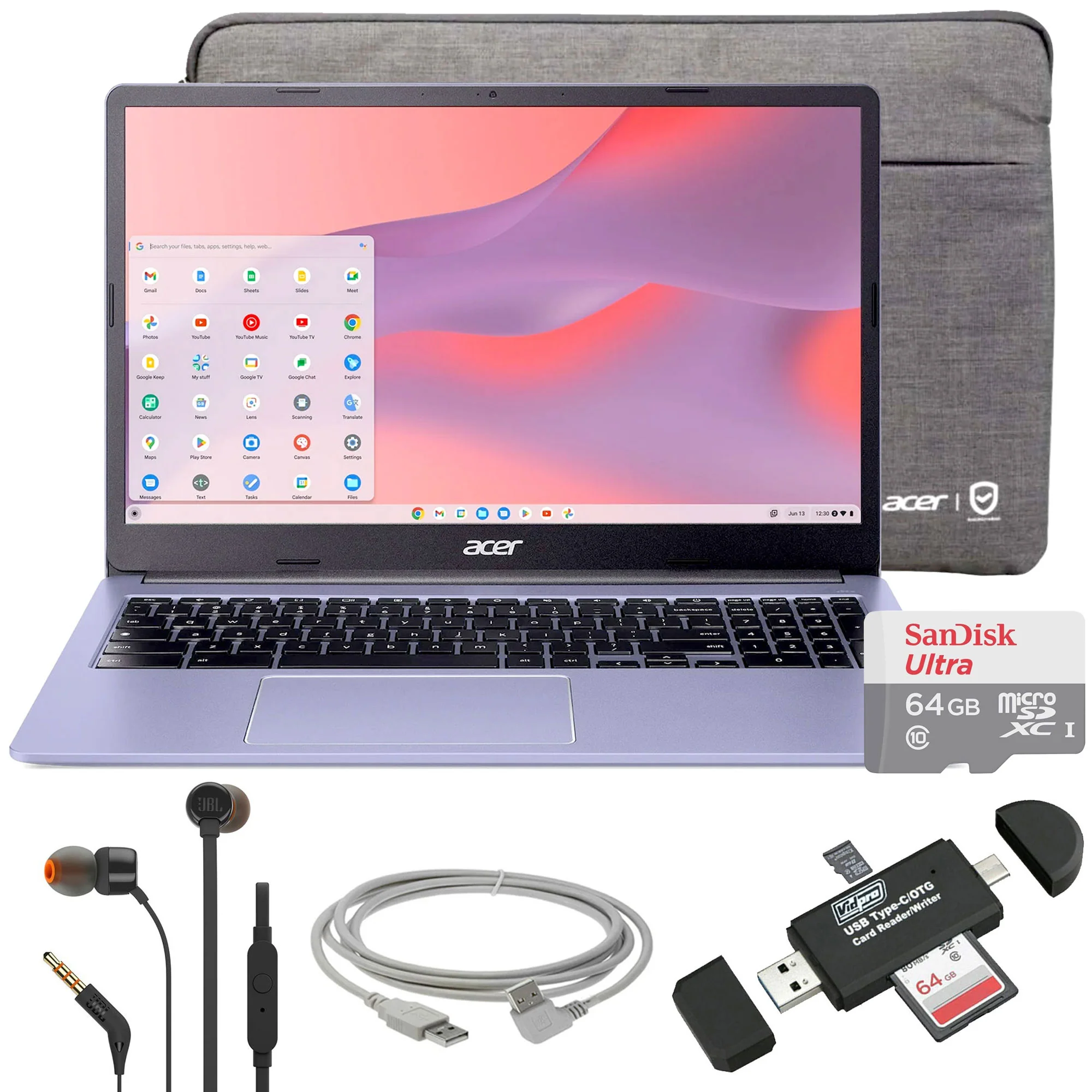 Acer Chromebook 315 15.6" Laptop Intel N4500 4GB 64GB eMMC Moonstone Purple + JBL T110 Earphones + 10ft USB Cable + 64GB SD