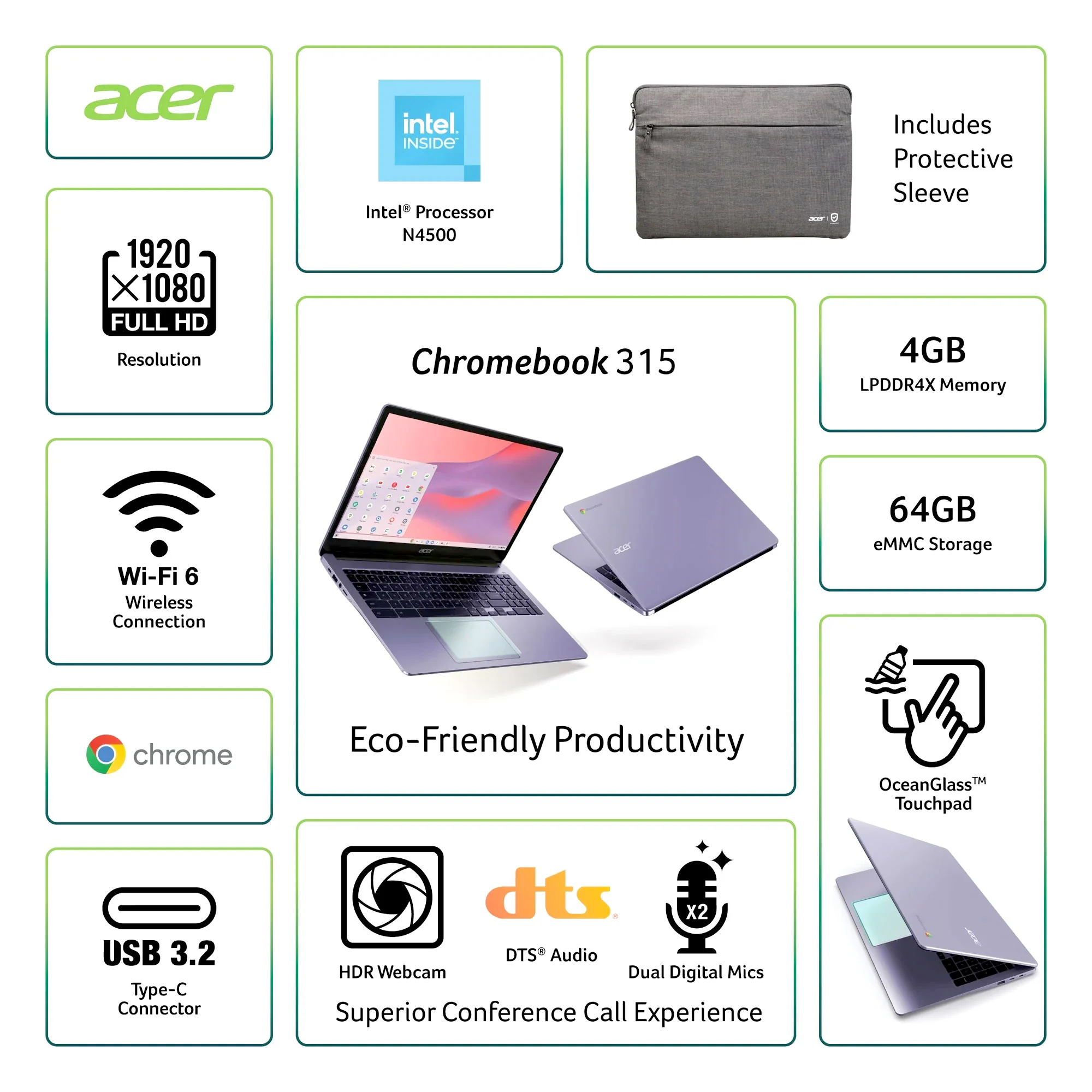 Acer Chromebook 315 15.6" Laptop Intel N4500 4GB 64GB eMMC Moonstone Purple + JBL T110 Earphones + 10ft USB Cable + 64GB SD - Image 2