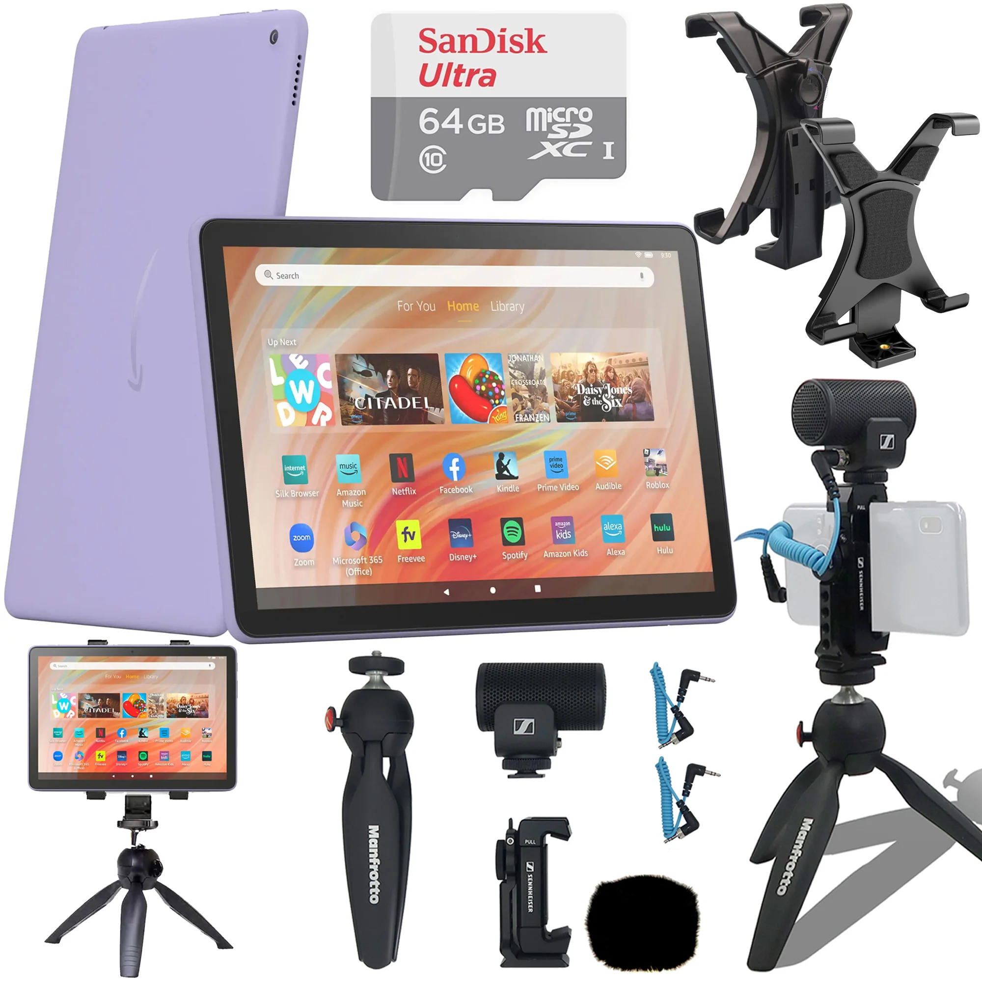 Amazon Fire HD 10 10.1" 32GB Wi-Fi Tablet, 13th Gen, Full HD Screen, Lilac with Sennheiser MKE-200 Smartphone Recording Set + Tablet Stand 64GB Kit