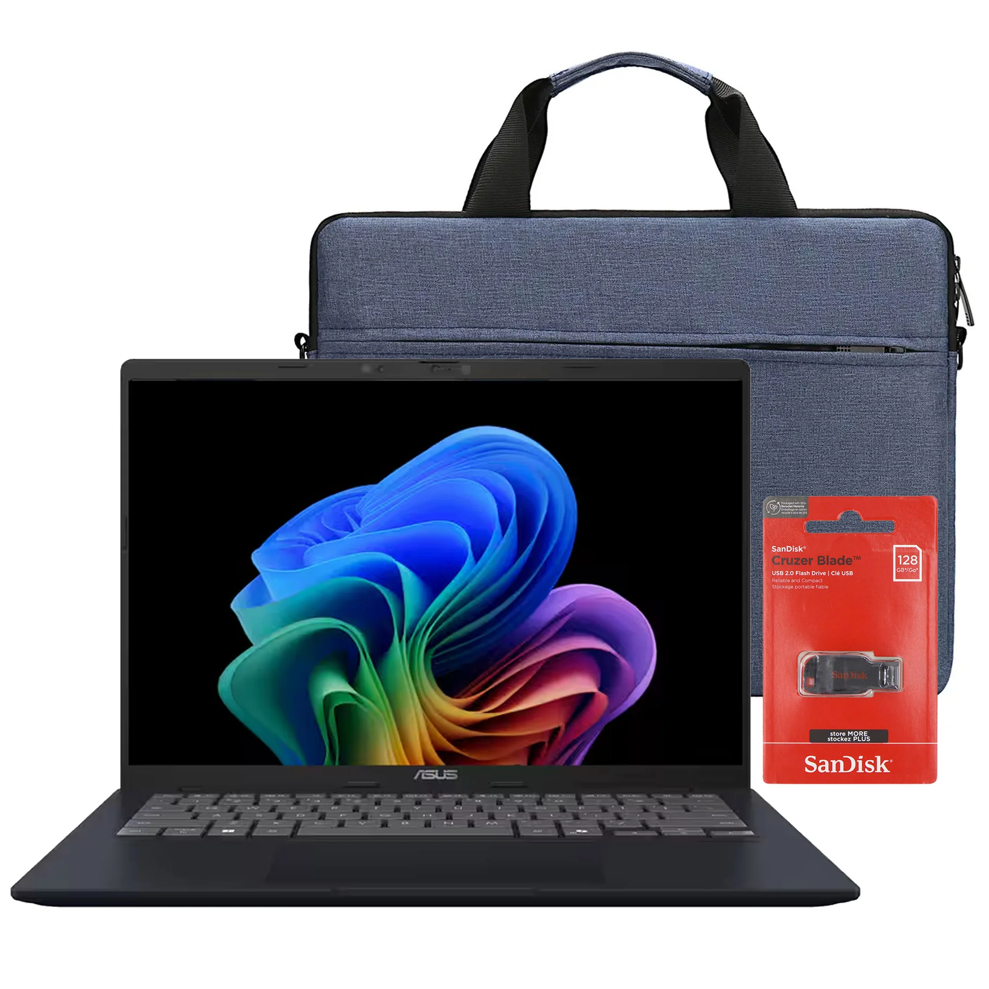 ASUS Vivobook 14 14" FHD+ Laptop - Snapdragon X - 16GB Memory, 512GB SSD (Quiet Blue) with SanDisk Cruzer Blade 128GB USB Flash Drive + Protective Bag
