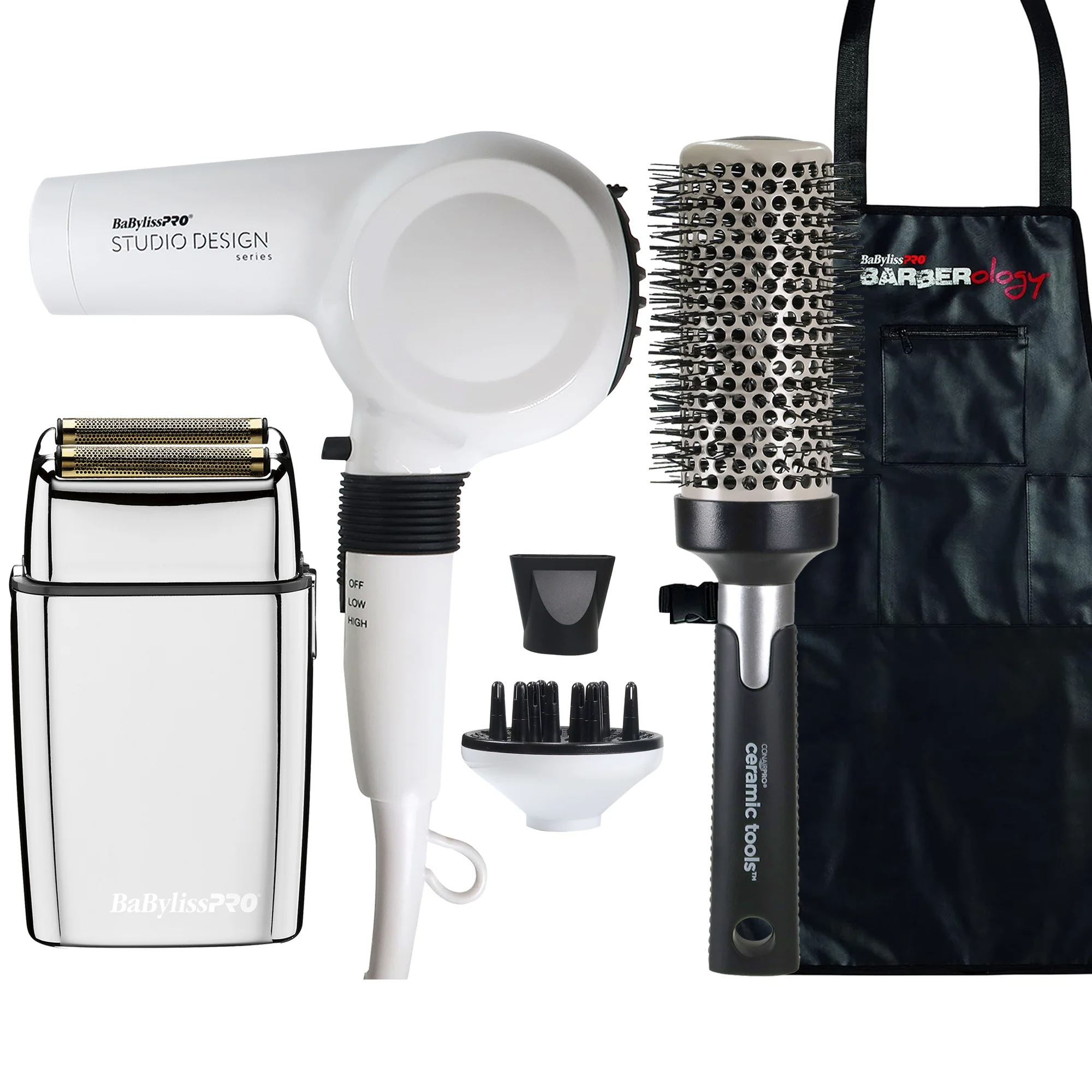 Babyliss Pro The Compact Midi Dryer BCI250UC with Cordless Metal Double Foil Shaver FXFS2S and Large Round Brush 2½" + Barber Apron