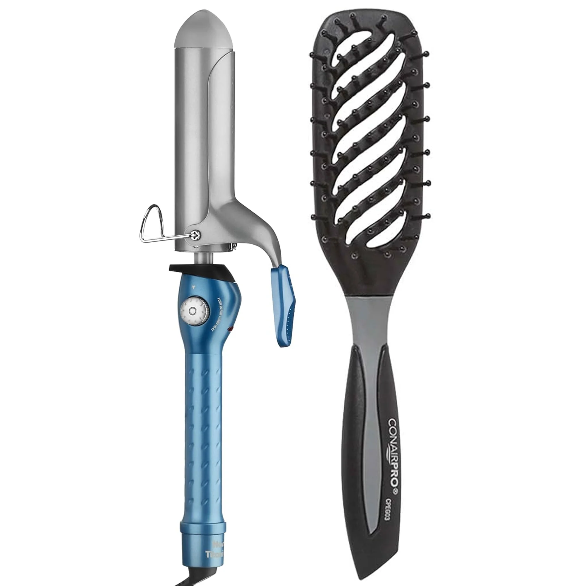 Babyliss Pro Nano Titanium Spring Curling Iron 1" with Conair Pro Ergo-Grip Vented Brush