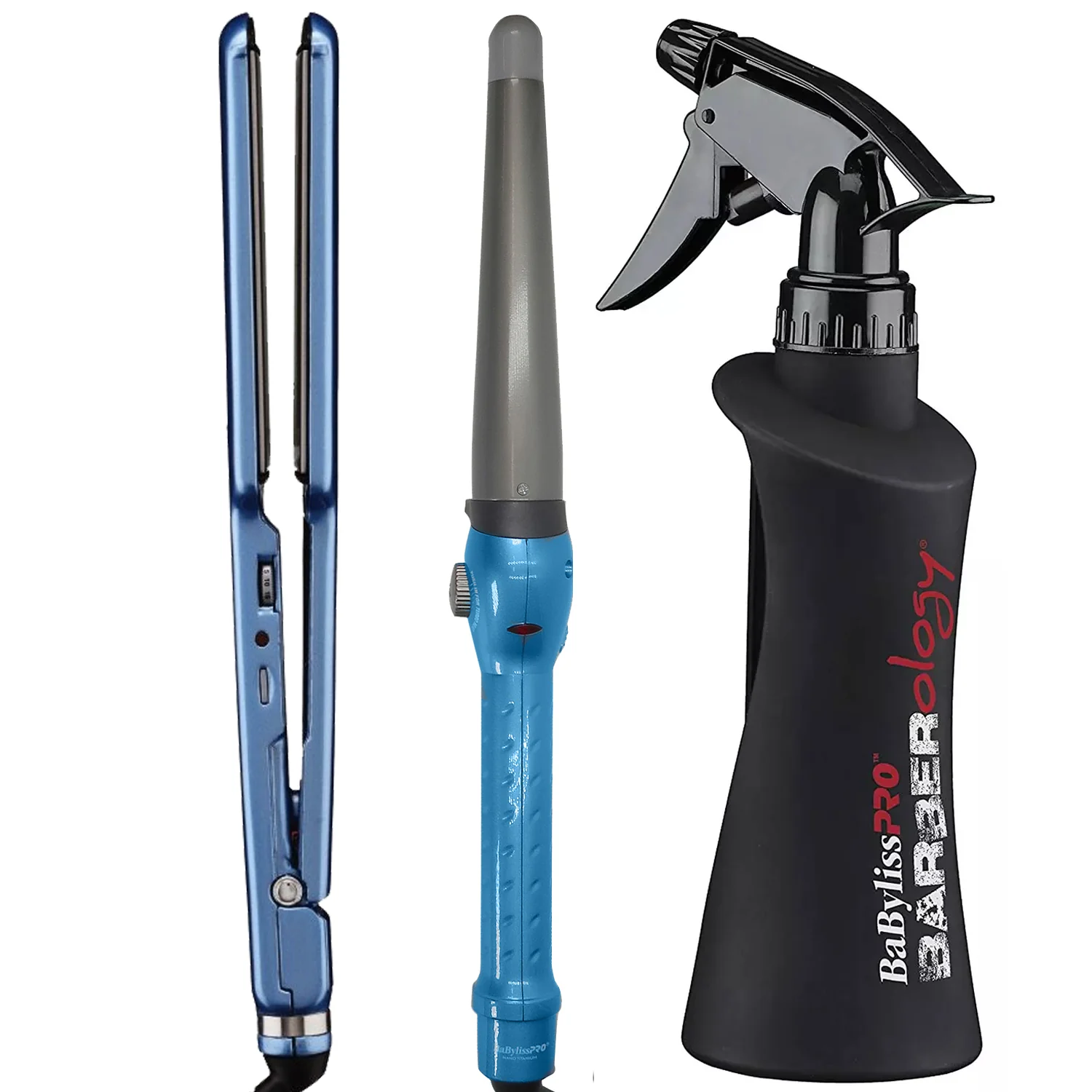 BaByliss Pro Nano Titanium 2" Ultra-Thin Straightener BNT4074TUC with BaByliss Pro Nano Titanium Conicurl Iron 1¼ - ¾" BNT125TB and 10oz Spray Bottle