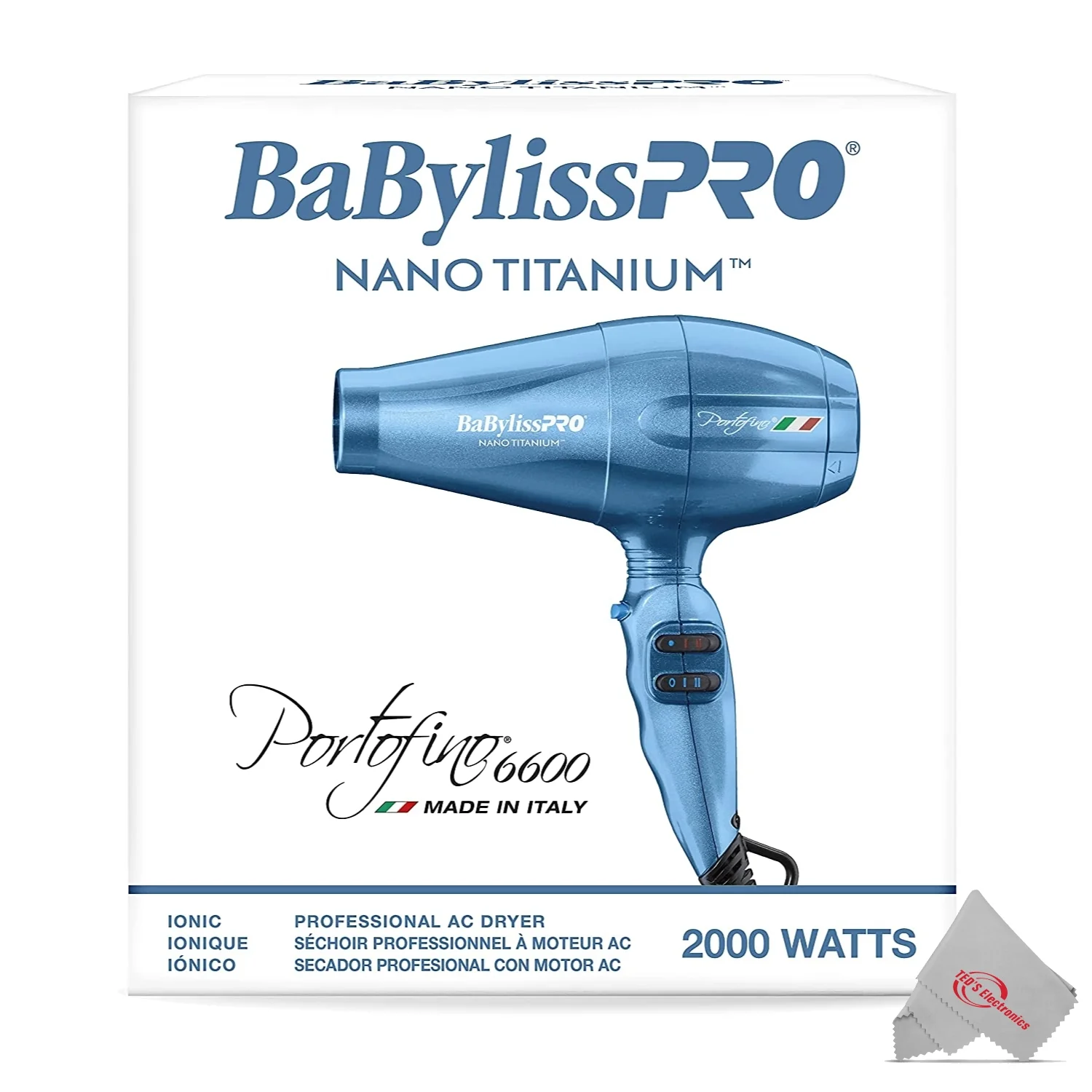 Babyliss Pro Nano Titanium Portofino 6600 Hair Dryer Blue with Snap-On Diffuser Italian Series Model #BB-BABDF1 - Image 4