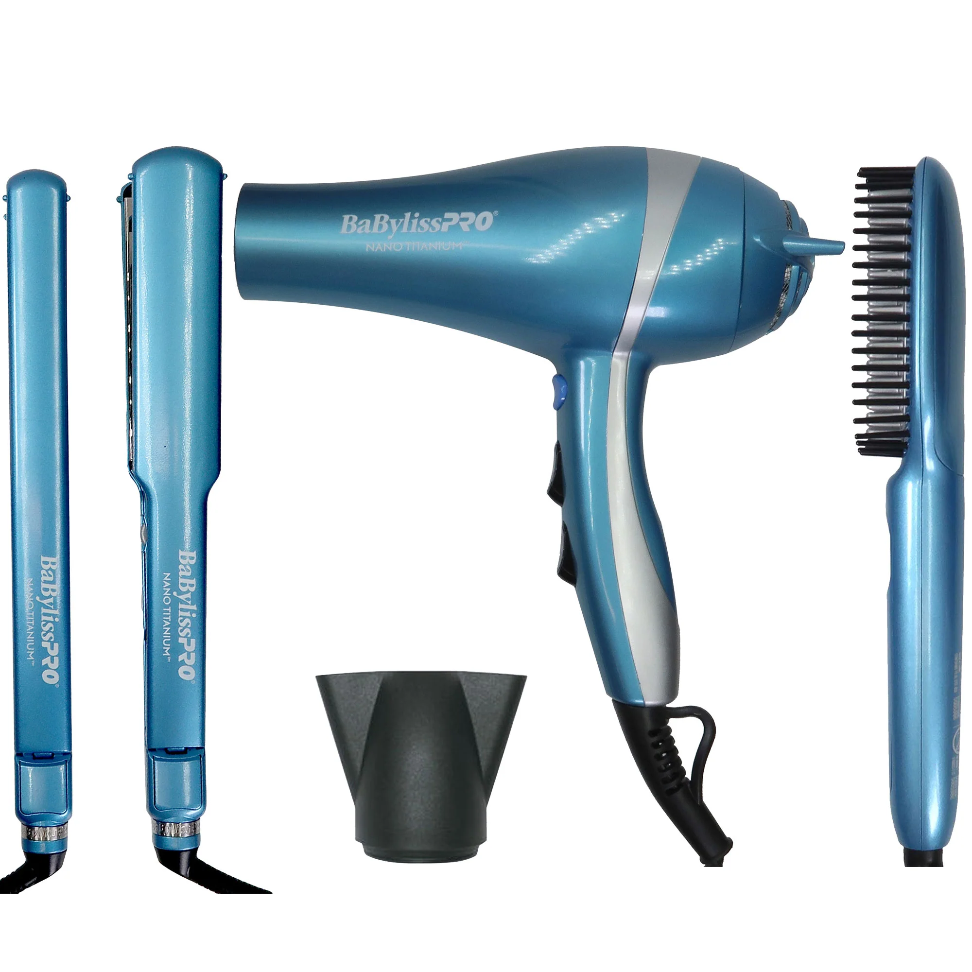 BaByliss Pro Nano Titanium Ultra-Thin Flat Irons 1" & 1 ½" with Ionic Dryer and Thermal Paddle Brush Set