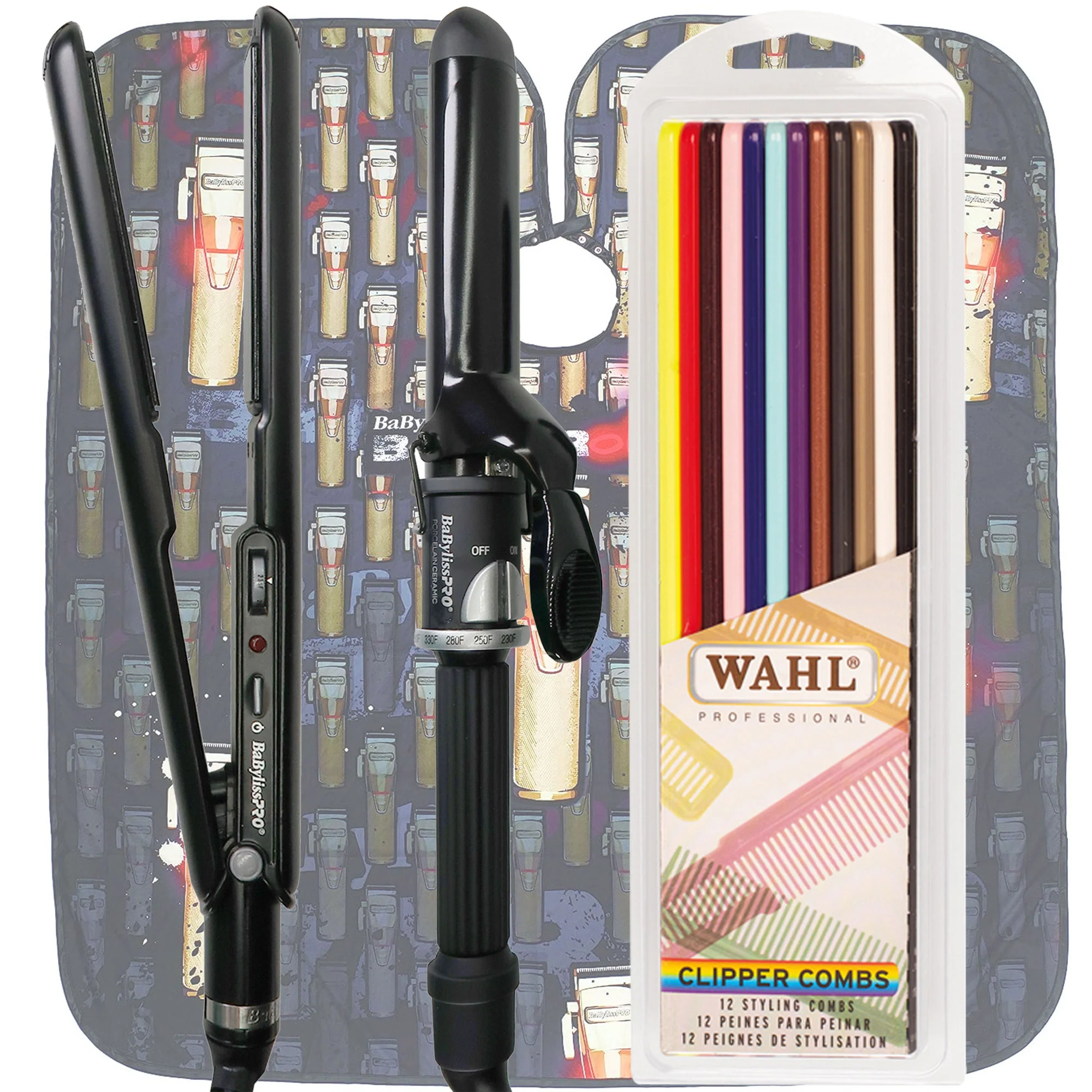 BaByliss Pro Porcelain Ceramic Straightening Iron 1" & Spring Curling Iron 1¼" with Accessories