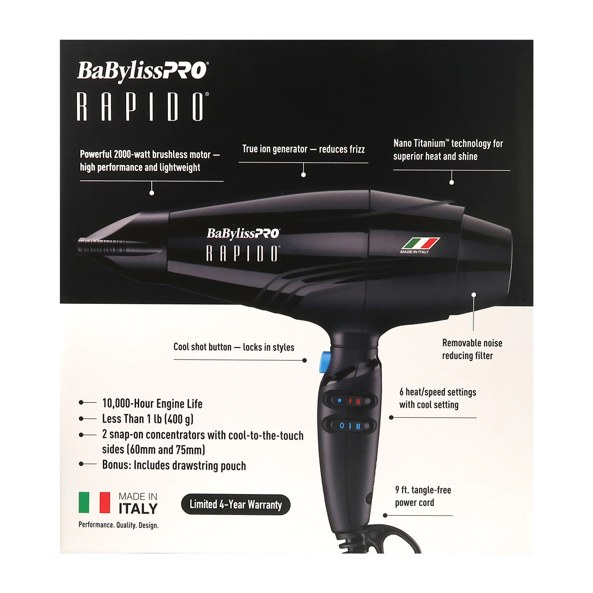 BaBylissPro Rapido Nano Titanium Italian Performance Hair Dryer BRAP1 + Nano Titanium 1 1/4" Spring Curling Iron BNT125S + ConairPro Round Brush 2½" - Image 7