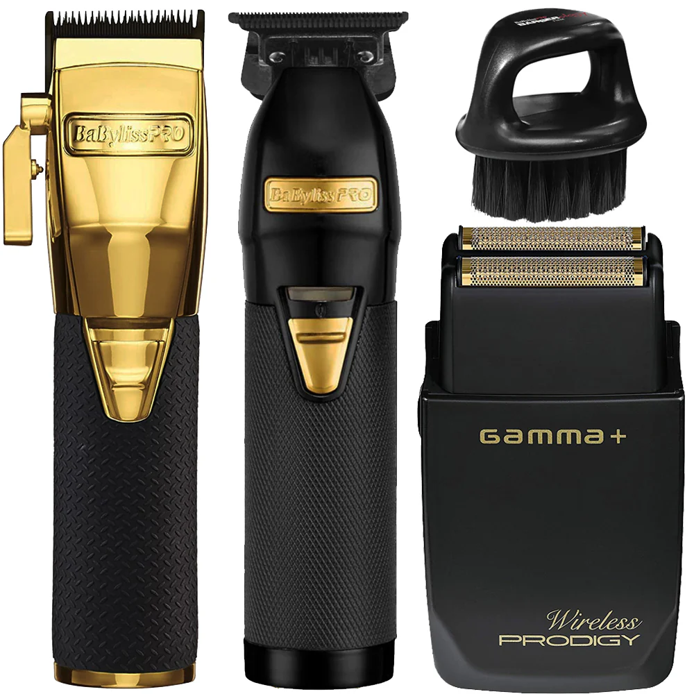 BaByliss PRO GoldFX Boost+ Gold Adjustable Blade Cordless Clipper (FX870GBP) + Skeleton Exposed T-Blade Outlining Cordless Trimmer + GAMMA+ Wireless  Hypo-Allergenic Foil Shaver