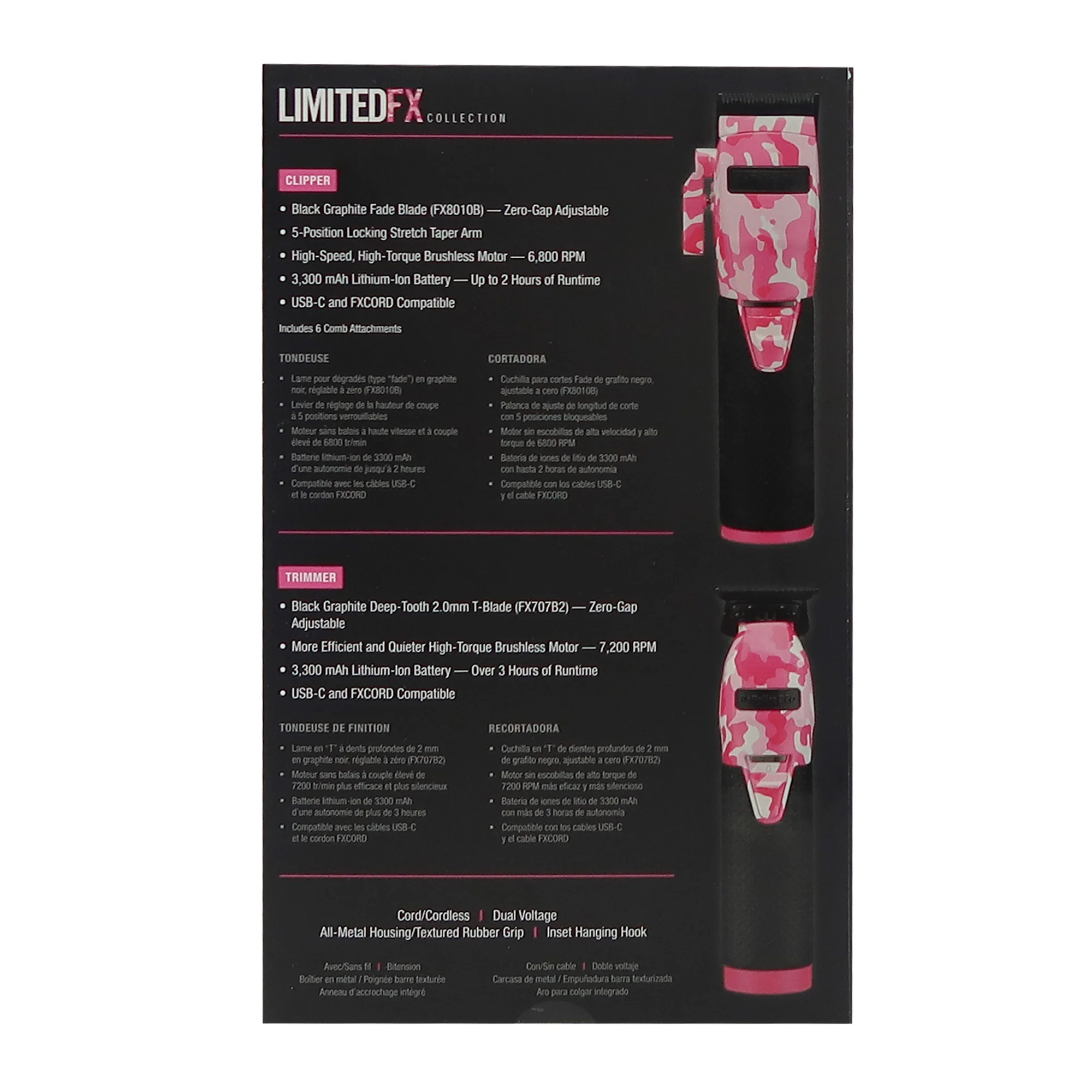 BaByliss Pro LIMITEDFX Pink Camo Clipper and Trimmer Collection FXHOLPKCAMPK with Cordless Double Foil Shaver FXFS2B and Barber Apron - Image 6