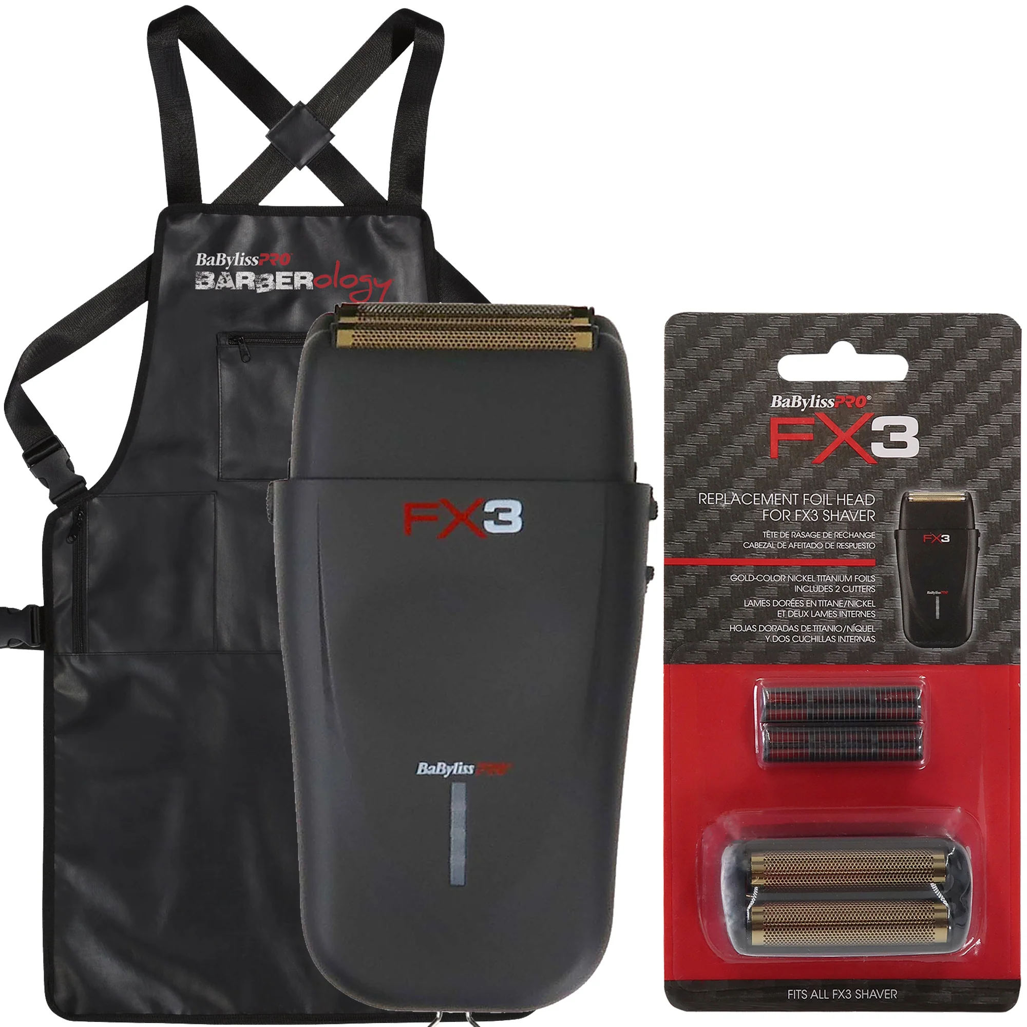 BaByliss Pro FX3 Professional High-Speed Foil Shaver Black #FXX3SB with BaByliss Pro FX3 Replacement Foil Head for FX3 Shaver #FXX3RFB and Barber Apron