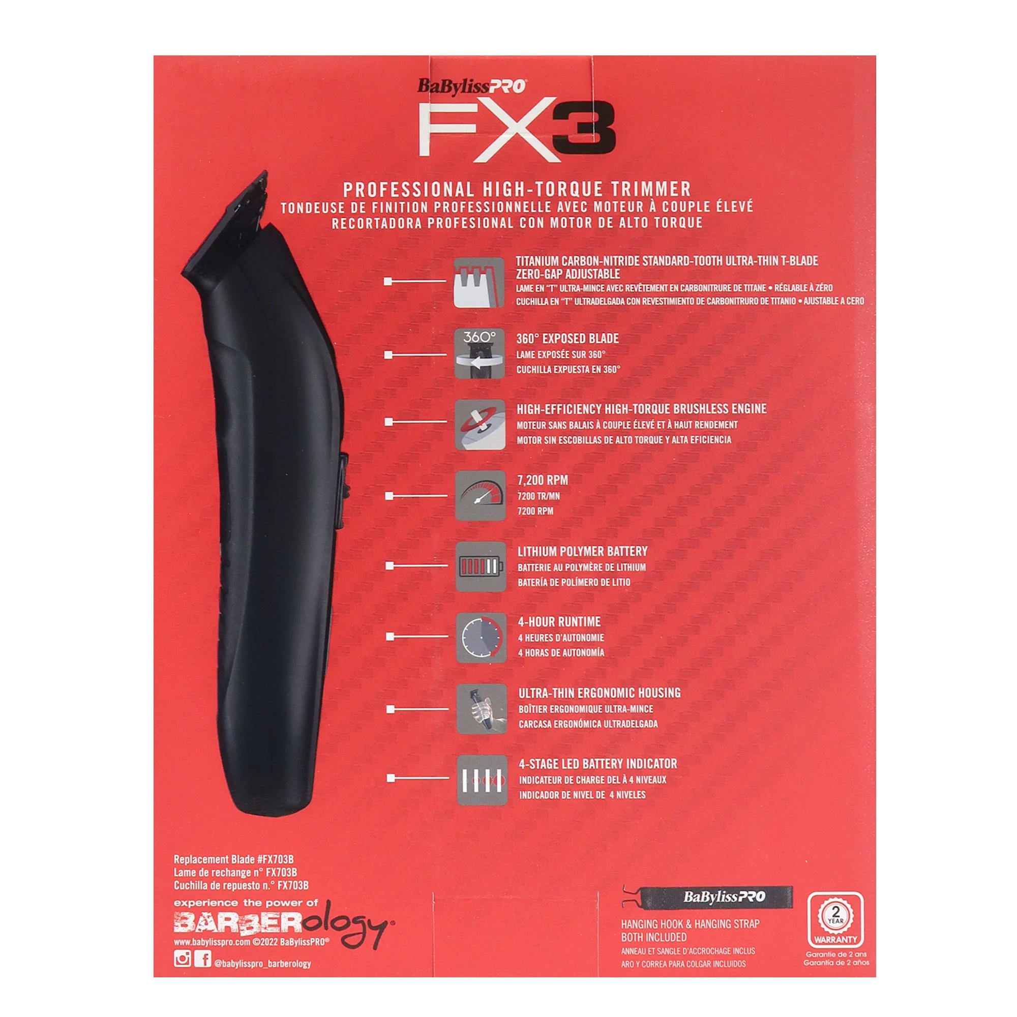 BaByliss Pro FX3 High Torque Trimmer #FXX3TB with Fade Soft Knuckle Neck Brush and Barber Cape - Image 6