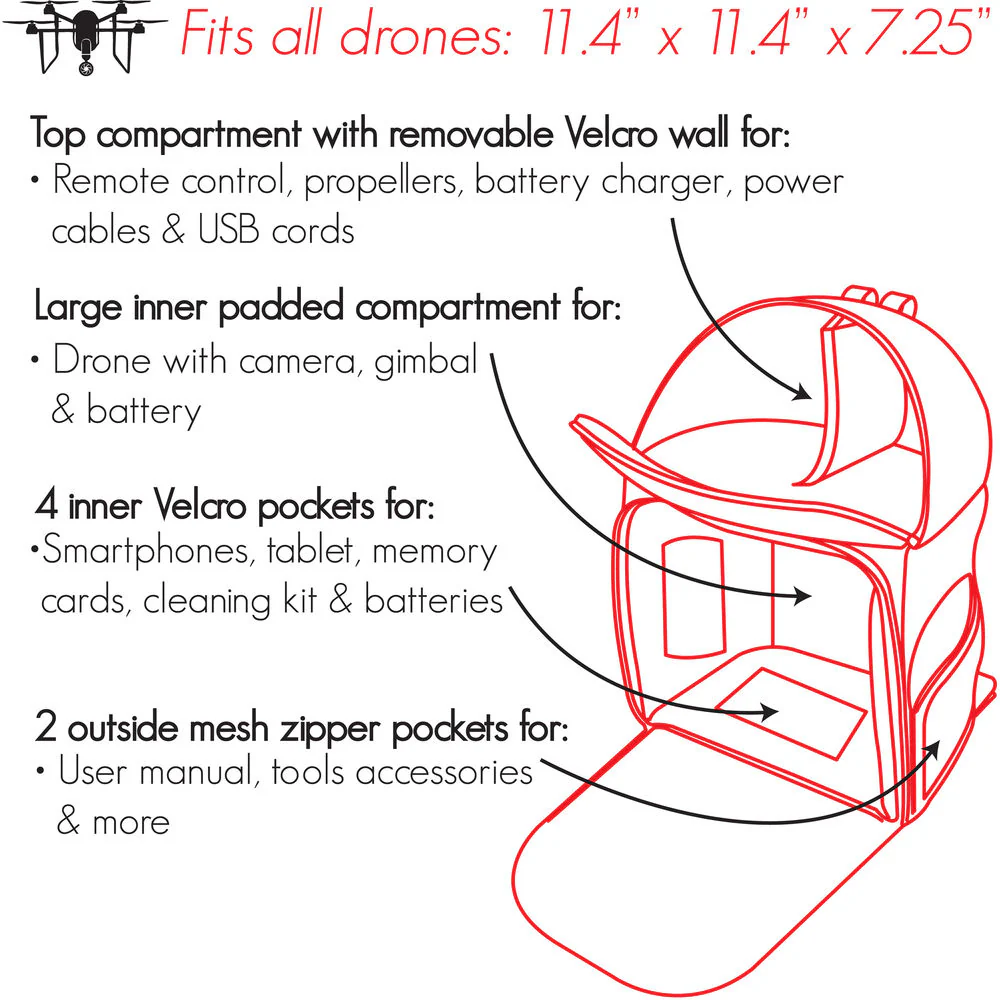Bower Sky Capture Series Quadcopter Drone Backpack for DJI Phantom 4 Phantom 3 Standard Advanced Professional Phantom 1 2 Black / Red - Image 6