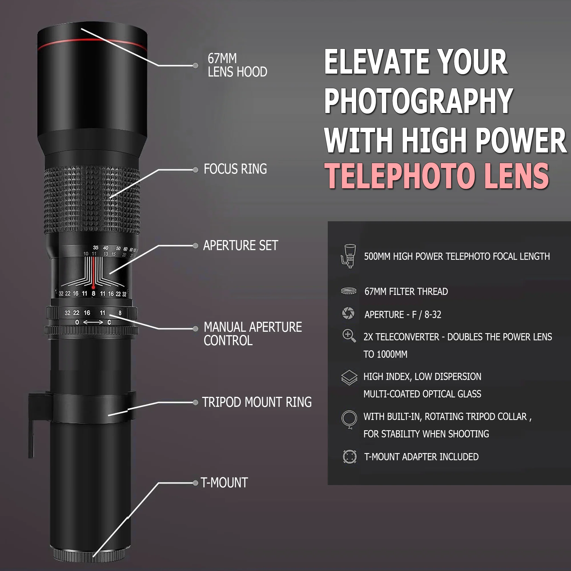 500mm/1000mm f/8 Manual Super Telephoto Lens for Canon EOS M50 M50 II M100 M200 M6 M6 II M7 M7II - Image 2