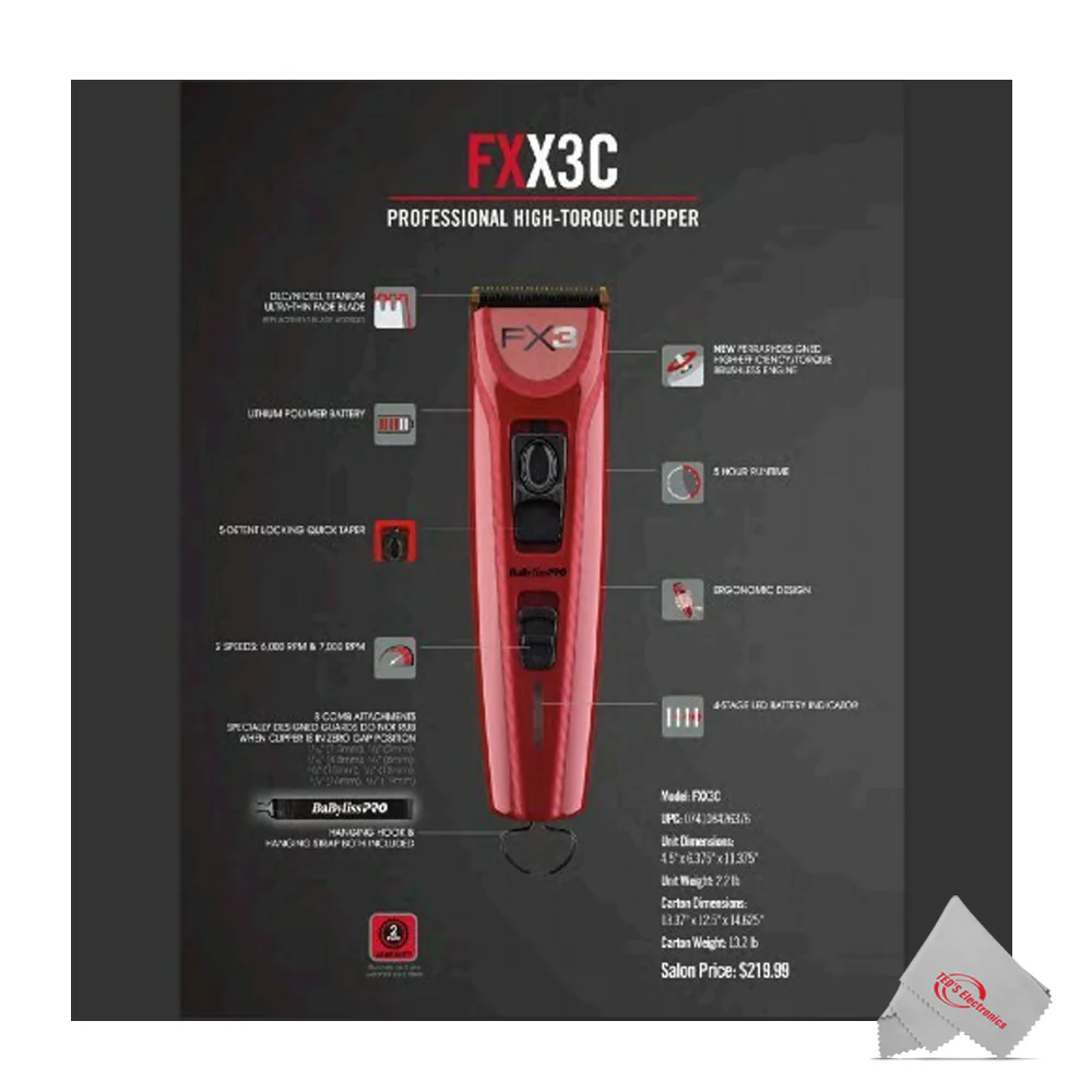 BaByliss PRO FX3 Professional Cordless Clipper & Trimmer FXX3T with Carrying Case and Neck Duster - Image 3