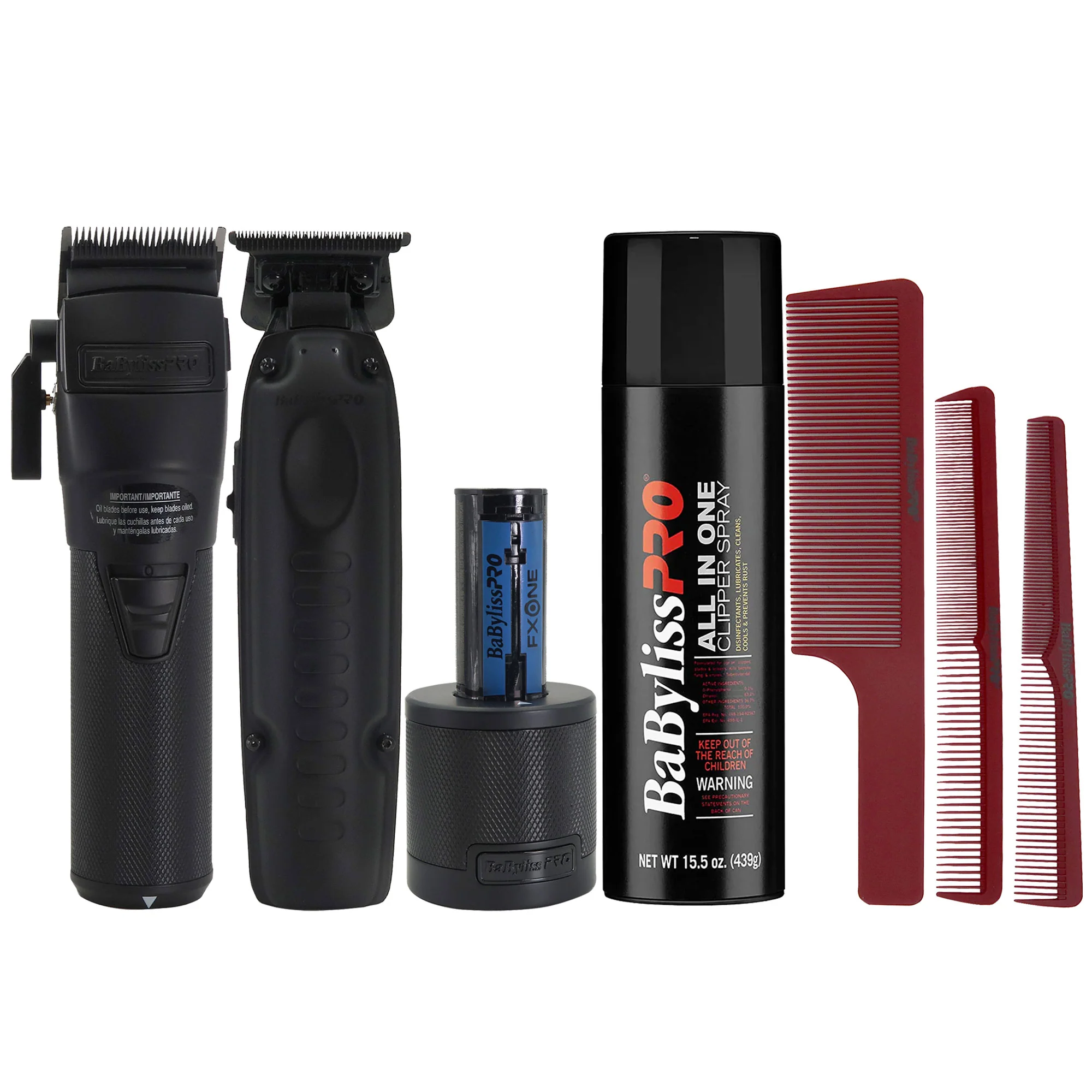 BaByliss Pro FXONE BLACKFX All-Metal Interchangeable-Battery Clipper FX899MB with FXONE LO-PROFX LIMITED EDITION Trimmer FX729MBLT + Accessory Bundle