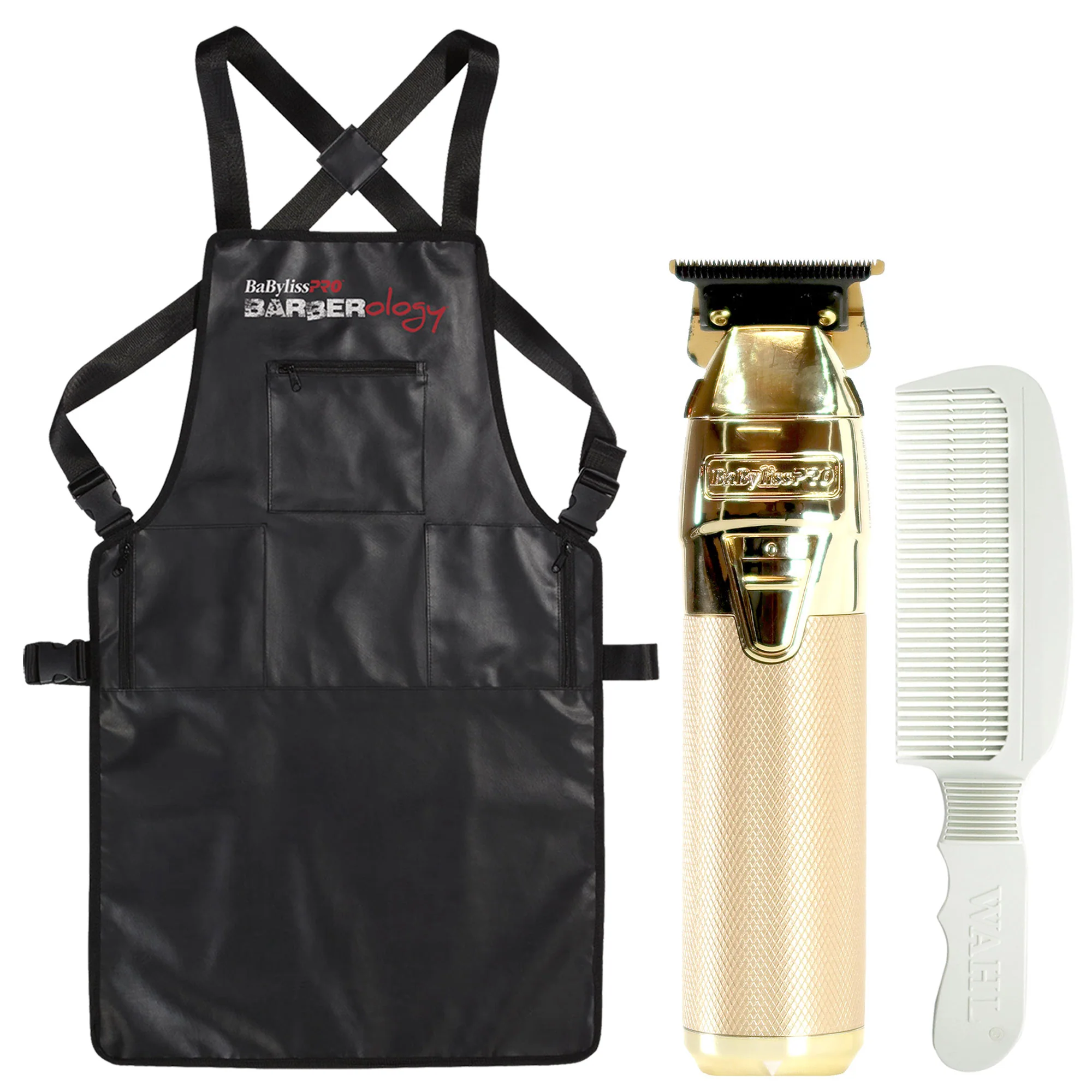BaByliss Pro FXONE GOLDFX All-Metal Interchangeable-Battery Trimmer #FX799G with Babyliss Pro Industrial Barber Apron and Flat Top Comb White
