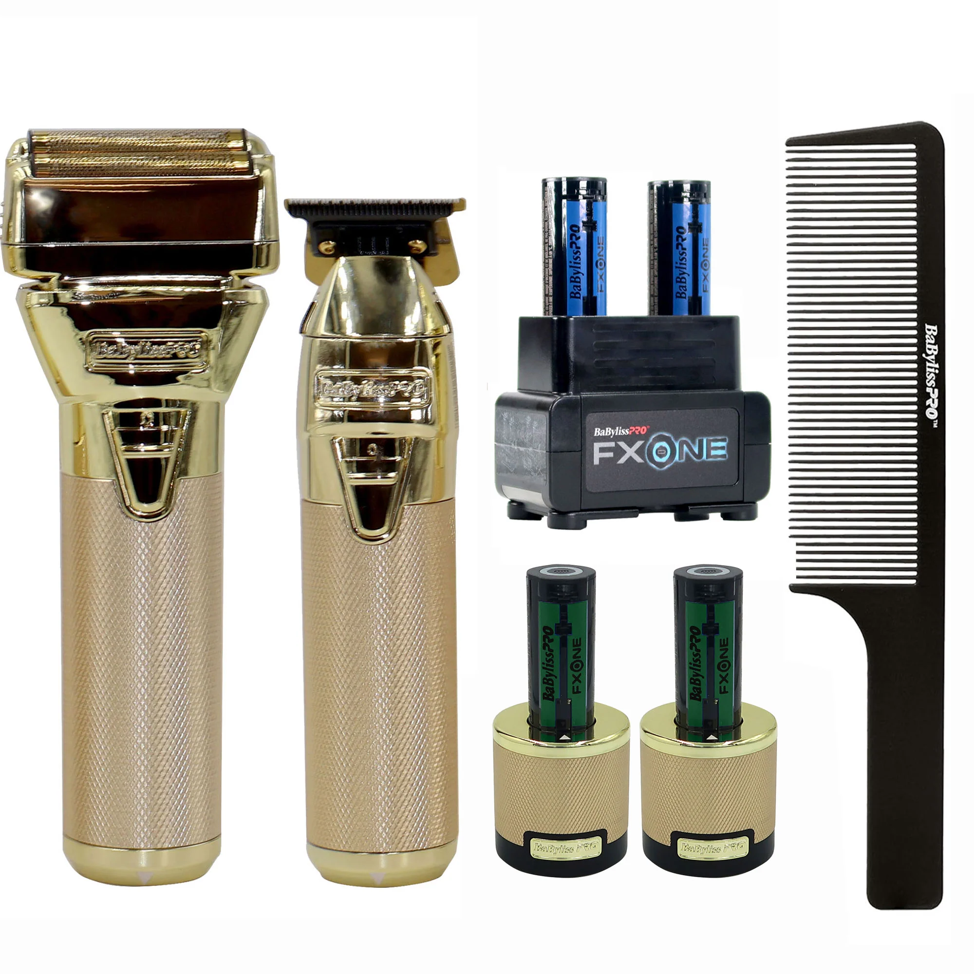 BaByliss Pro FXONE GOLDFX Limited Edition Prepack - Outlining Trimmer and Double Foil Stick Shaver (Gold) FX1FSTGPK with FXONE Dual-Charging Prepack FXC2BPPK and Comb