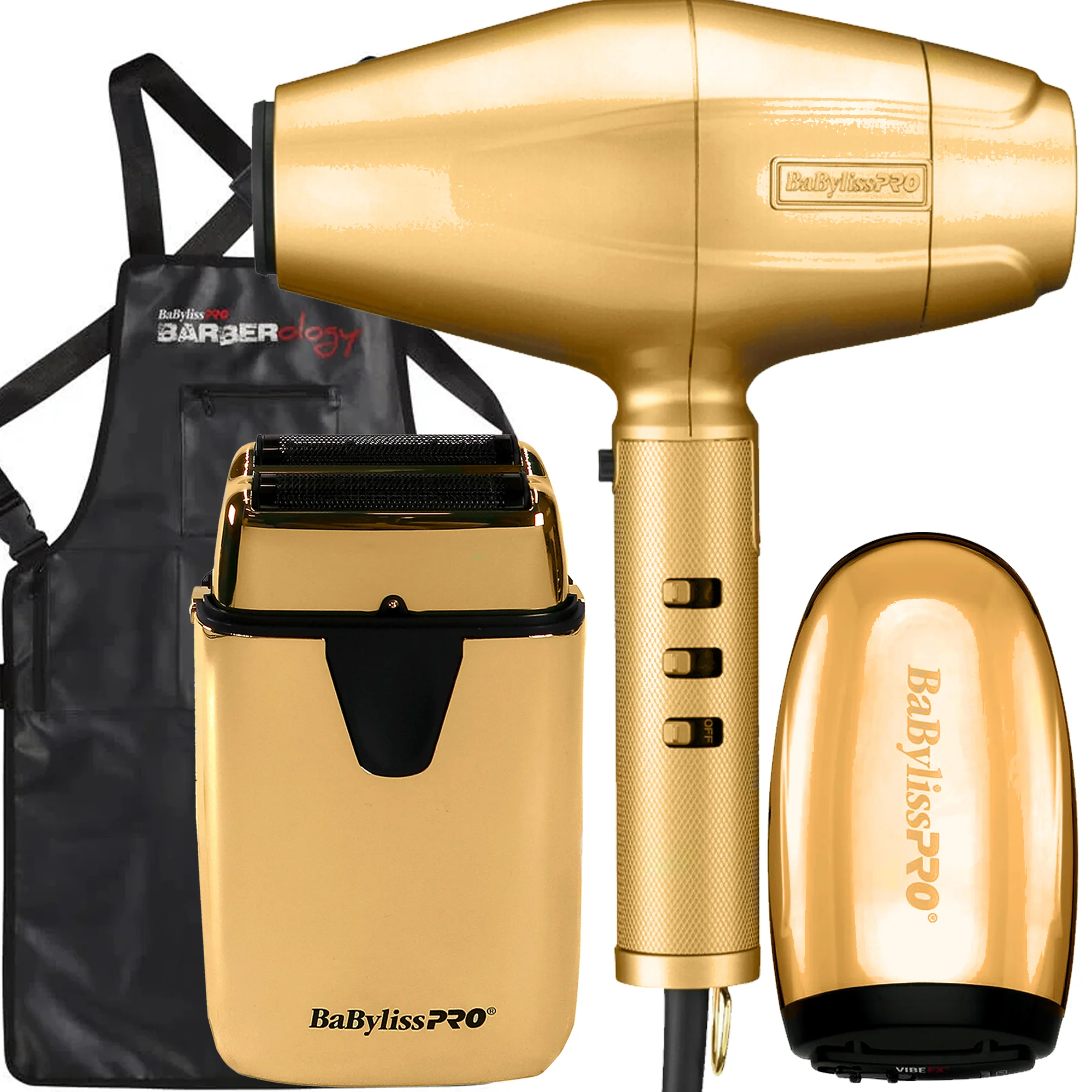 BaByliss Pro GoldFX High Performance Turbo Dryer with Double Foil Shaver and Cordless Massager + Apron