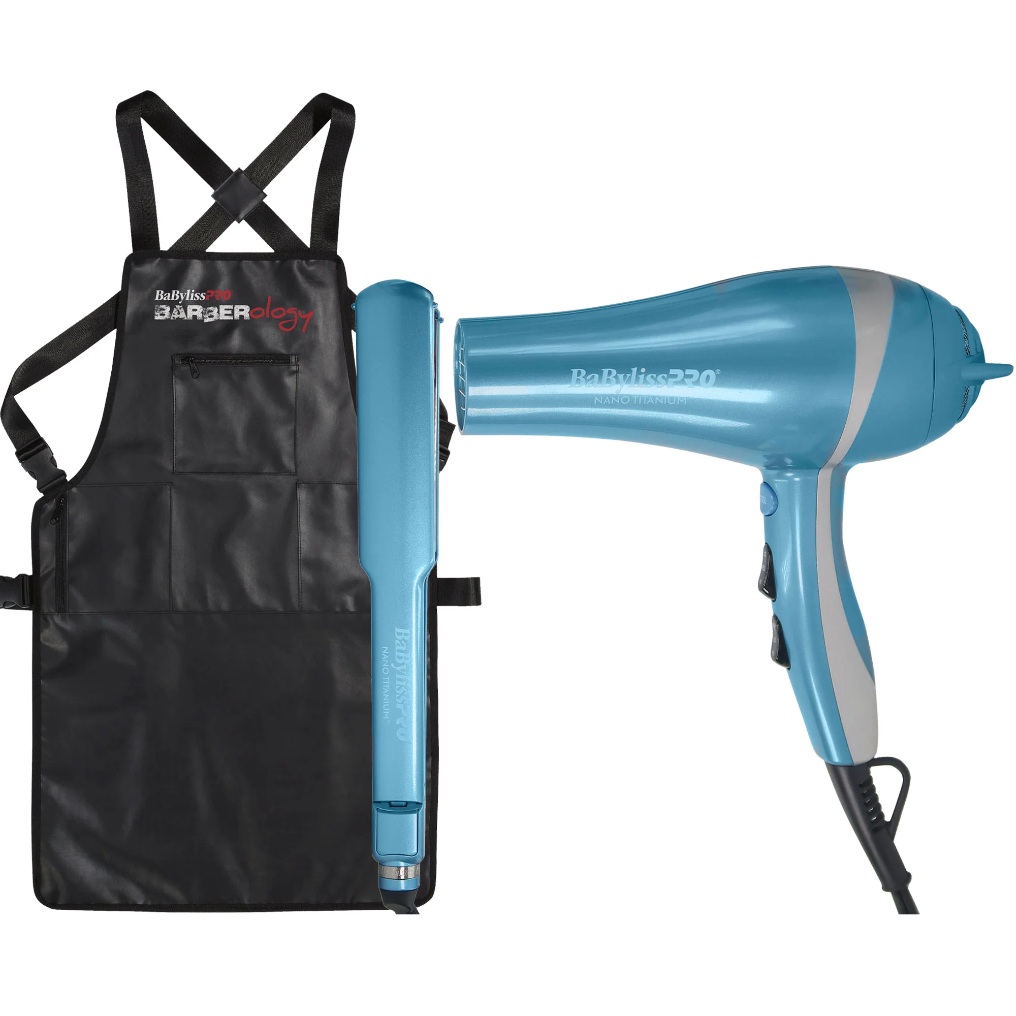 BaByliss Pro LIMITED EDITION Nano Titanium Ionic Dryer & 1½" Ultra-Thin Straightening Iron Combo #BNTPP58-24 with Barber Apron