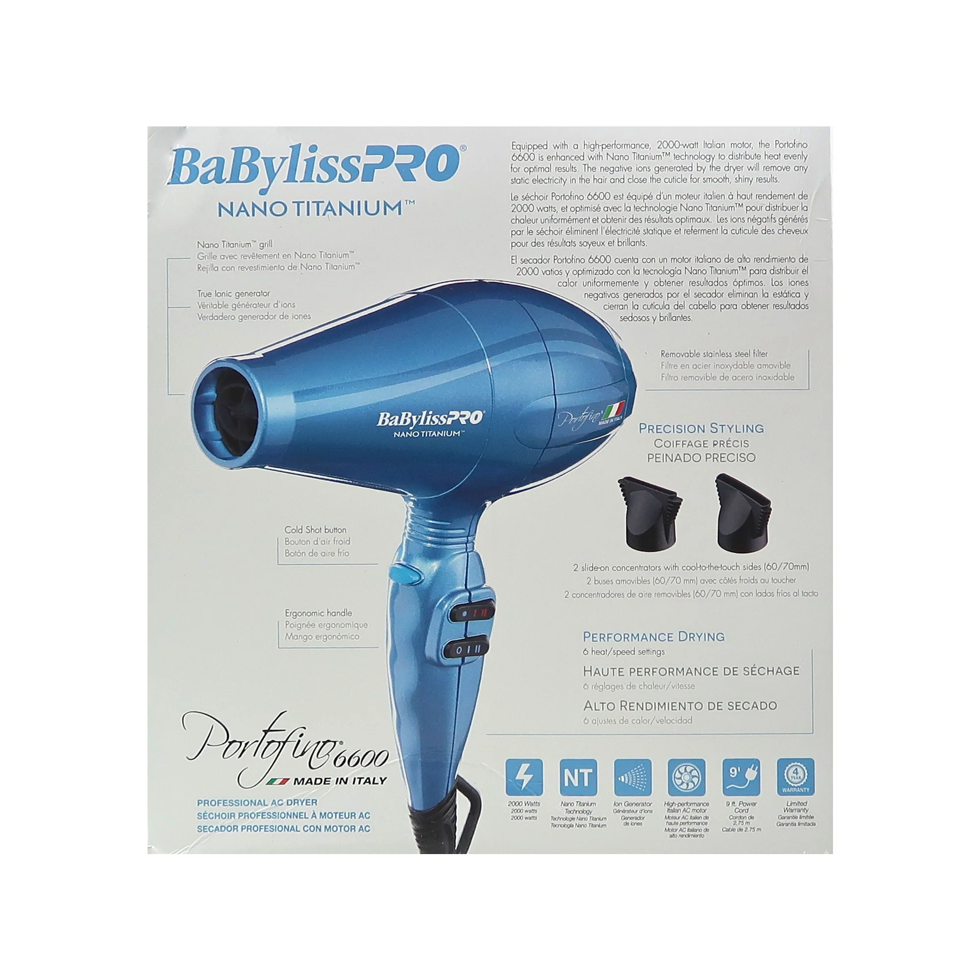 Babyliss Pro Nano Titanium Portofino 6600 Full-Size Hair Dryer Blue BNT6610N with Barberology Comb Set (Clipper, Cutting, Taper Combs) - Red - Image 6