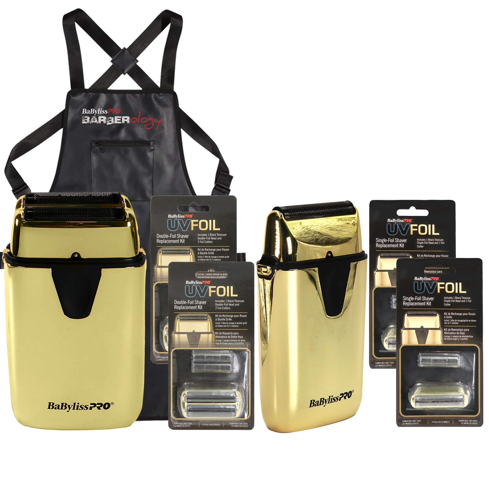 BaByliss Pro UVFOIL UV-Disinfecting Metal Single Foil & Double Foil Shaver - Gold #FXLFS1G with 4 xReplacement Kits and Barber Apron