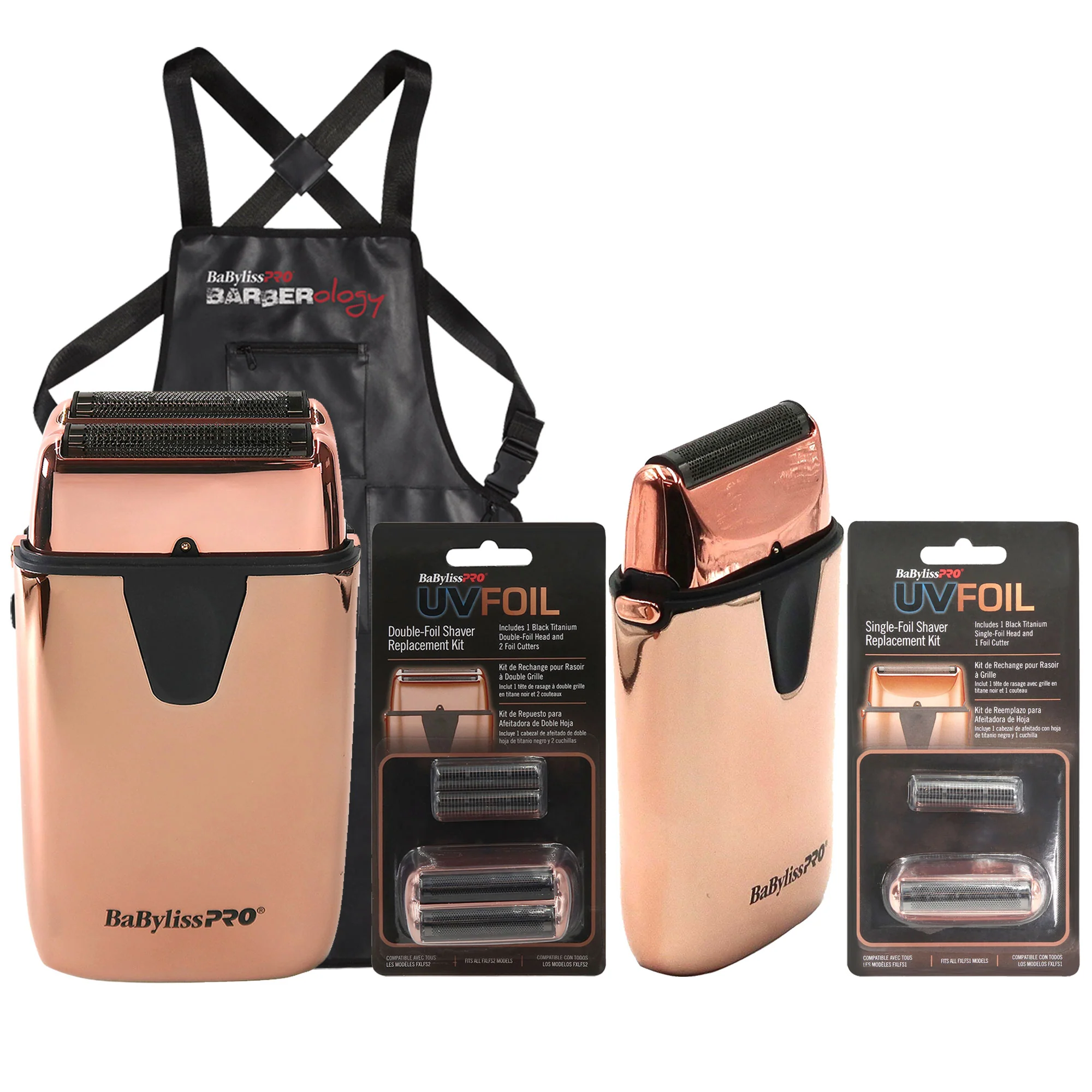 BaByliss Pro LIMITED EDITION UVFOIL UV-Disinfecting Single Foil & Double Foil Shaver - Rose Gold #FXLFS1RG with 4x Replacement Kits and Barber Apron