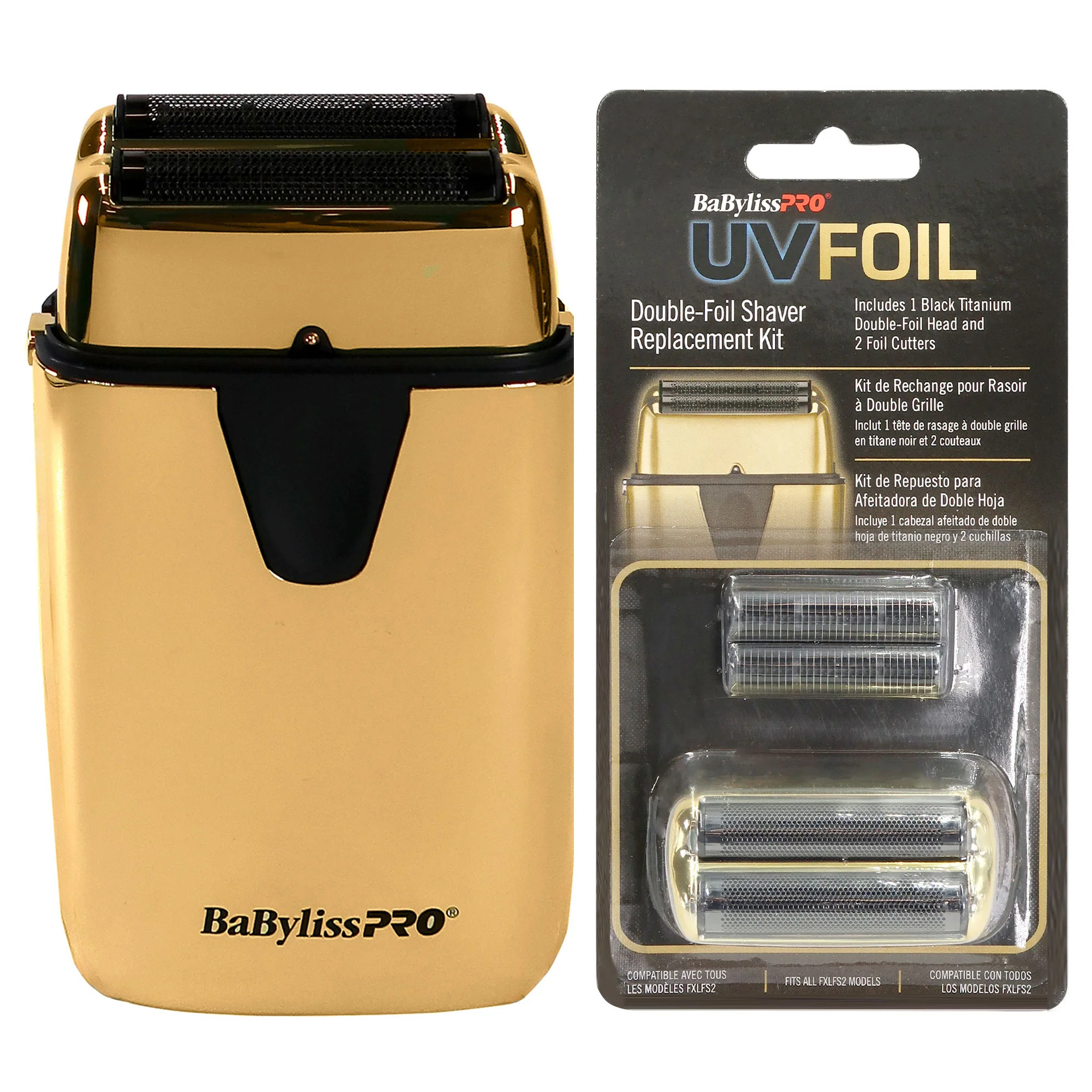 BaByliss Pro UVFOIL UV-Disinfecting Metal Double Foil Shaver #FXLFS2G (Gold) with UVFOIL Double-Foil & Cutters Replacement Kit