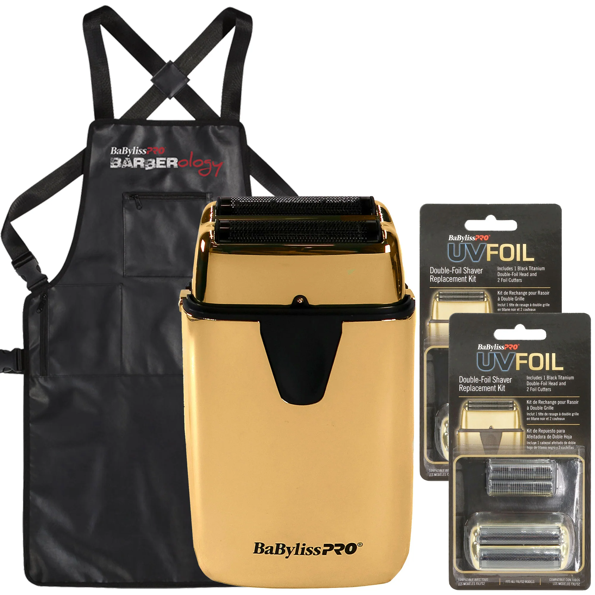 BaByliss Pro UVFOIL UV-Disinfecting Double Foil Shaver #FXLFS2G (Gold) + UVFOIL Double-Foil Shaver Replacement Kit - Gold FXLRF2G + Apron