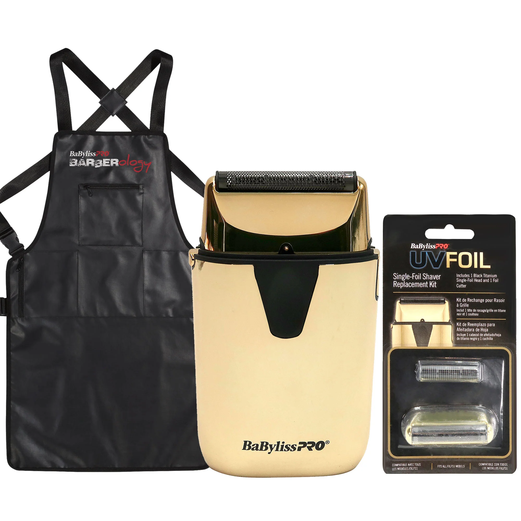 BaByliss Pro UVFOIL UV-Disinfecting Metal Single Foil Shaver Gold FXLFS1G with BaByliss Pro UVFOIL Single-Foil Shaver Replacement Kit Gold FXLRF1G and Barber Apron