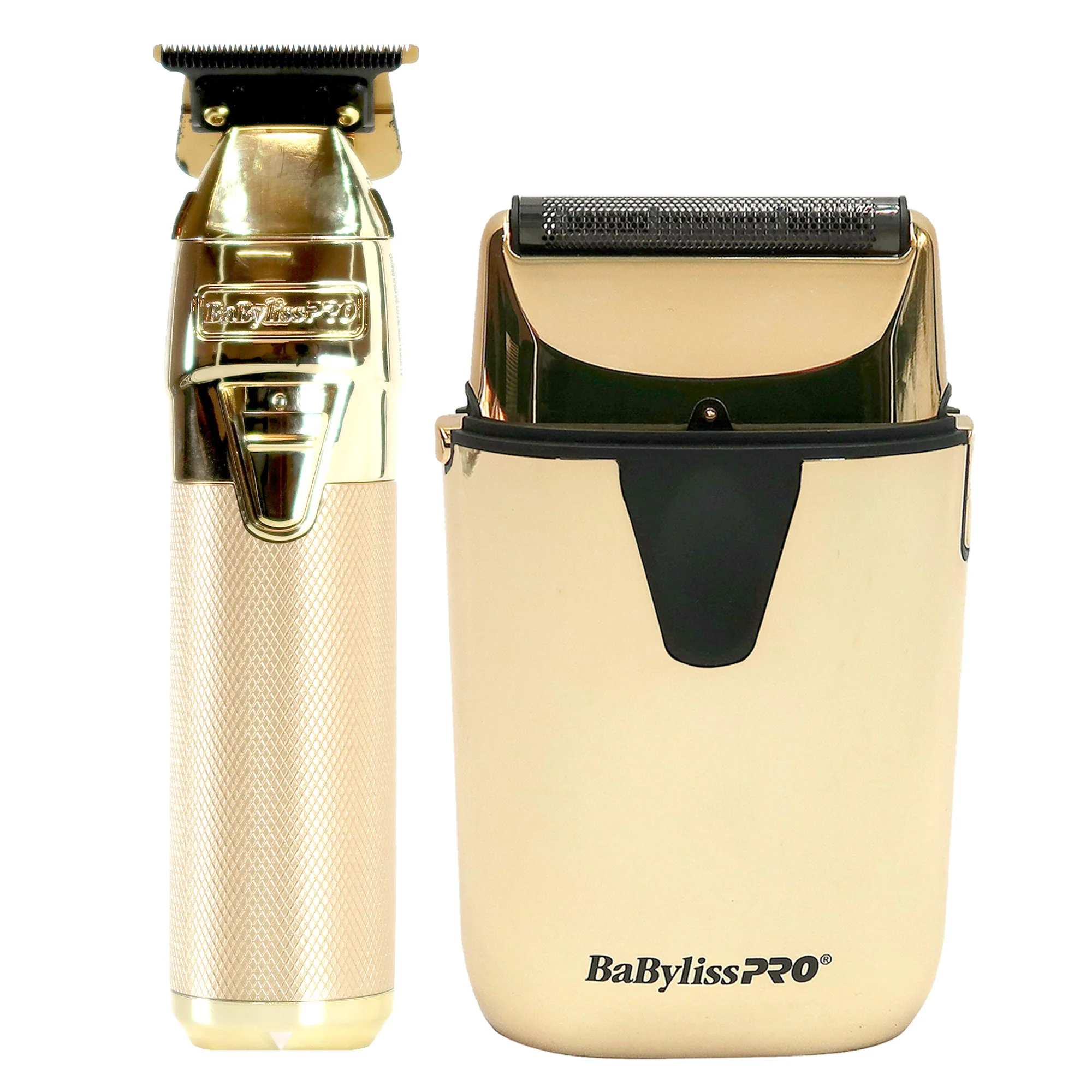BaByliss Pro UVFOIL UV-Disinfecting Metal Single Foil Shaver - Gold #FXLFS1G with BaByliss Pro FXONE GOLDFX All-Metal Interchangeable-Battery Trimmer #FX799G