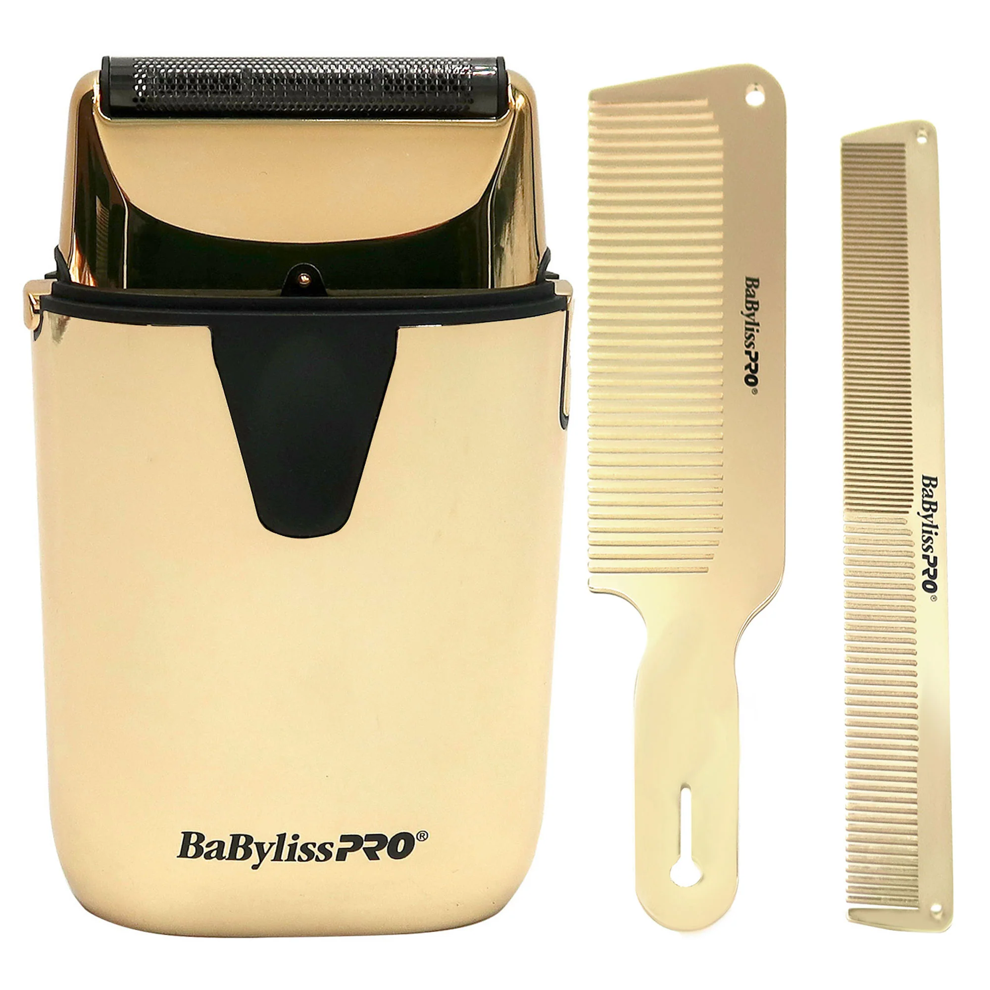 BaByliss Pro UVFOIL UV-Disinfecting Metal Single Foil Shaver - Gold #FXLFS1G with BaByliss Pro Barberology GoldFX Metal Comb Set