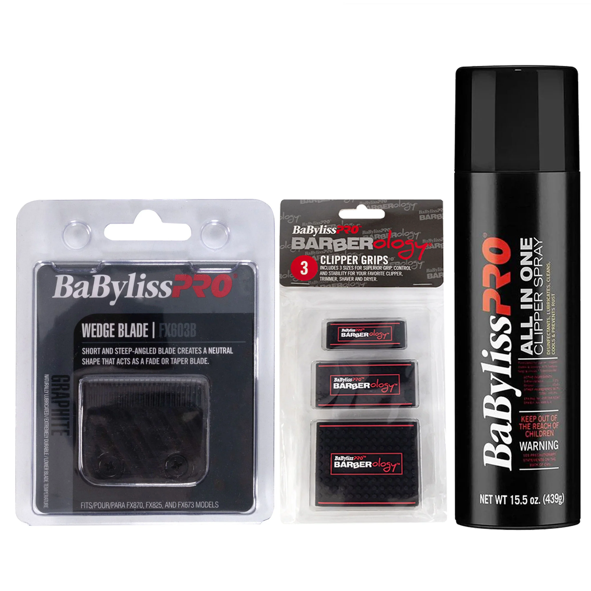 BaByliss Pro Wedge Clipper Blade (Graphite) FX603B with Barberology Clipper Grips - 3 Pack and All In One Clipper Spray