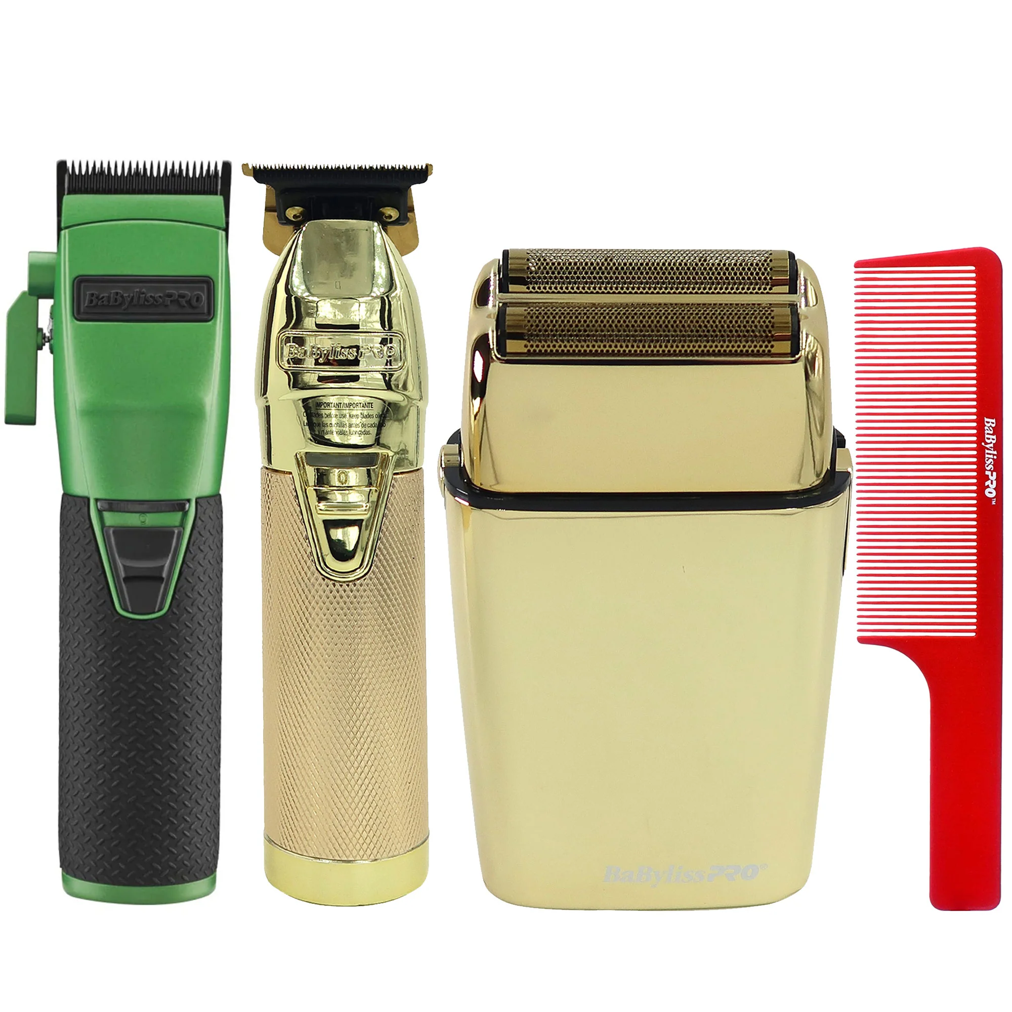 BaByliss Pro FX870 GI BOOST+ Influencer Collection Cordless Clipper with Cord / Cordless Double Foil Shaver FXFS2G and Lithium Outlining Trimmer FX787NG + Comb