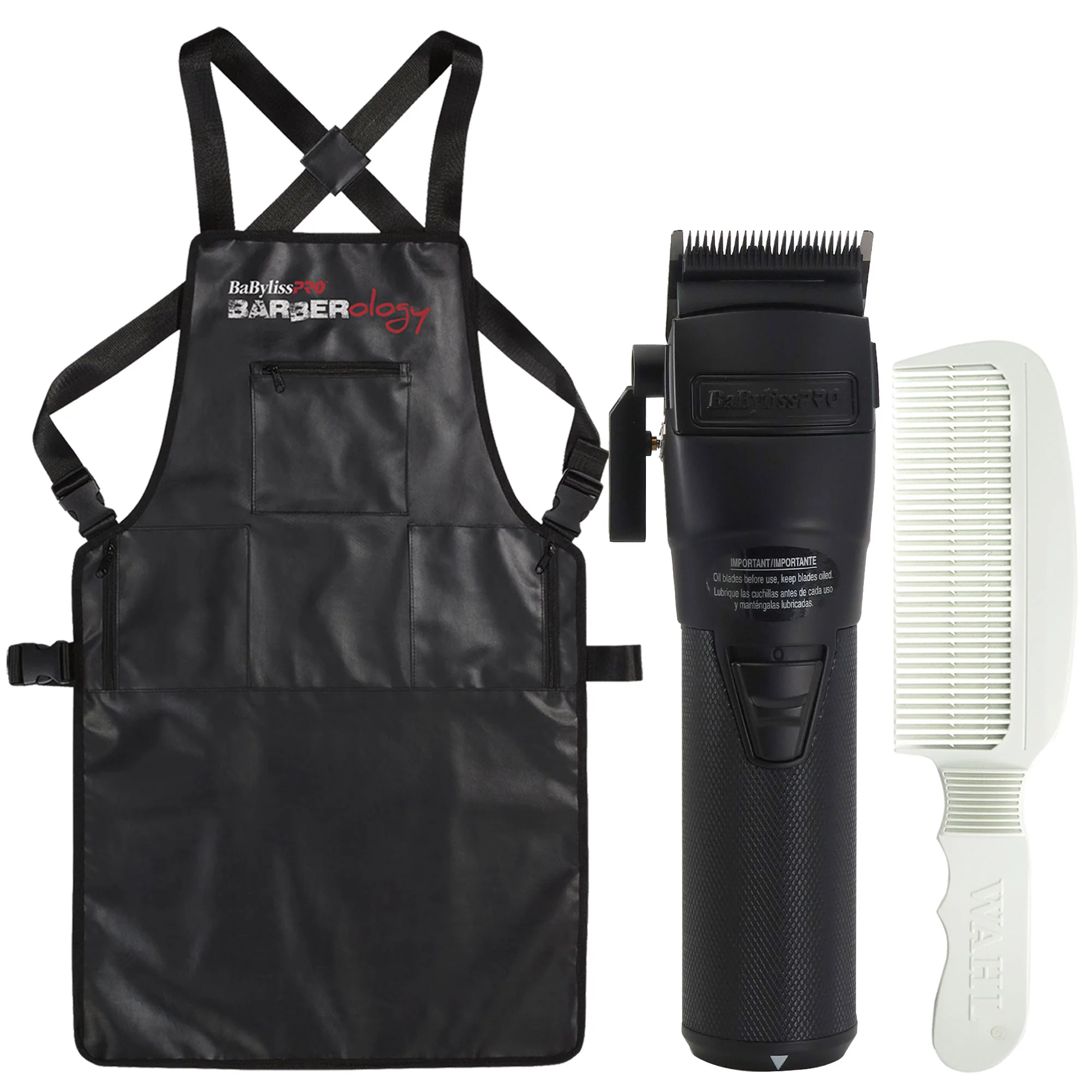 BaByliss Pro FXONE BLACKFX All-Metal Interchangeable-Battery Clipper #FX899MB with Babyliss Pro Industrial Barber Apron and Flat Top Comb White