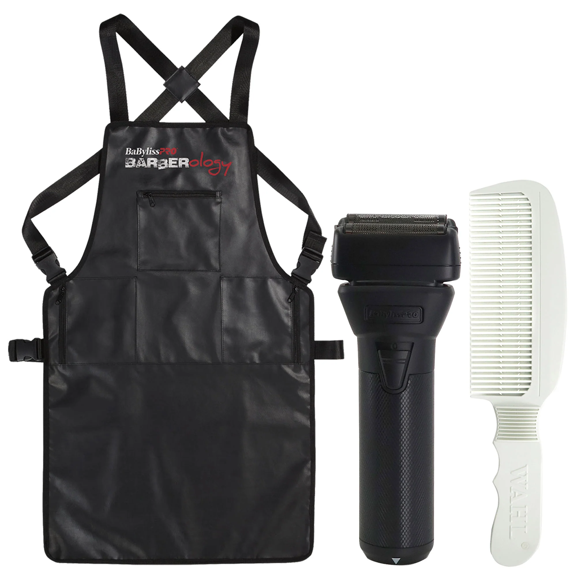 BaByliss Pro FXONE BLACKFX All-Metal Interchangeable-Battery Shaver #FX79FSMB with Babyliss Pro Barberology Industrial Barber Apron and Wahl Flat Top Comb White