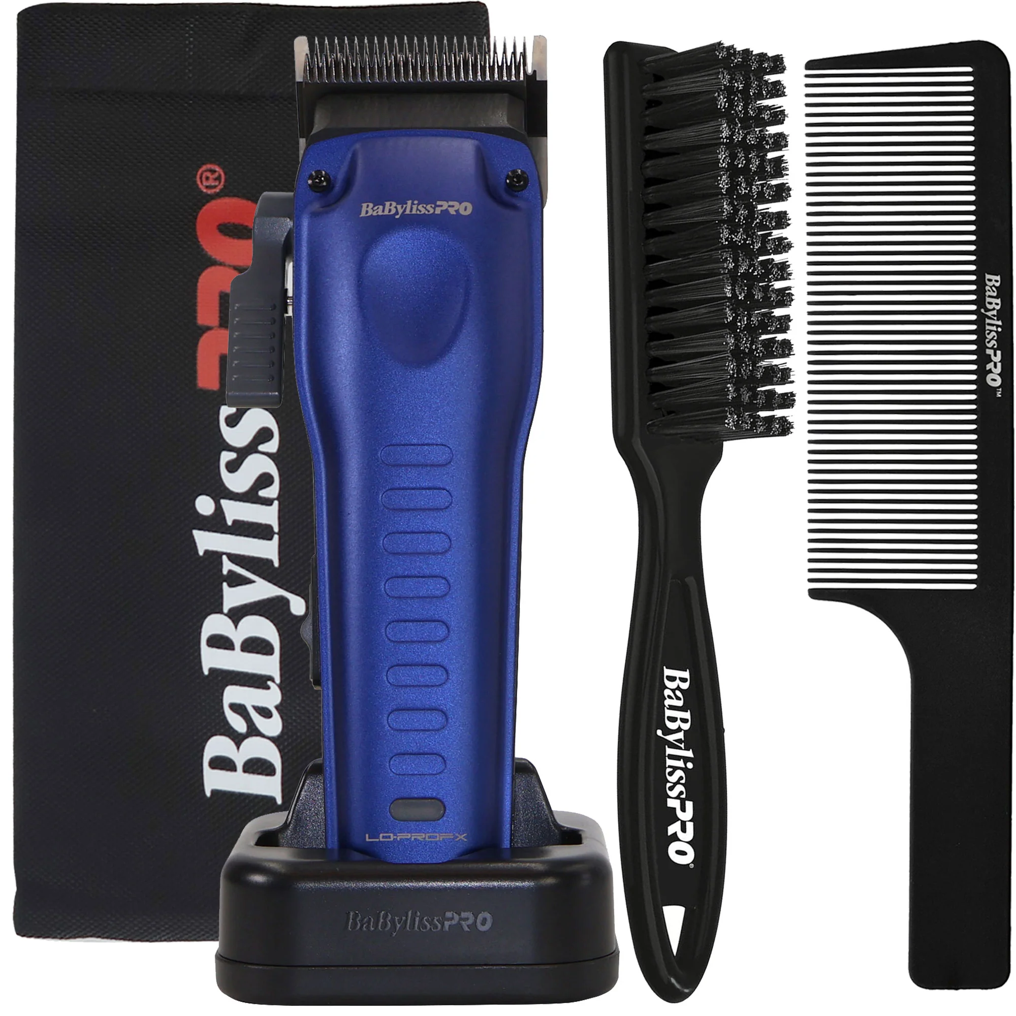 BaBylissPRO FXONE LO-PROFX FX82 Clipper Kit Blue with Fade Brush, 9" Barberology Comb and Clipper Pouch