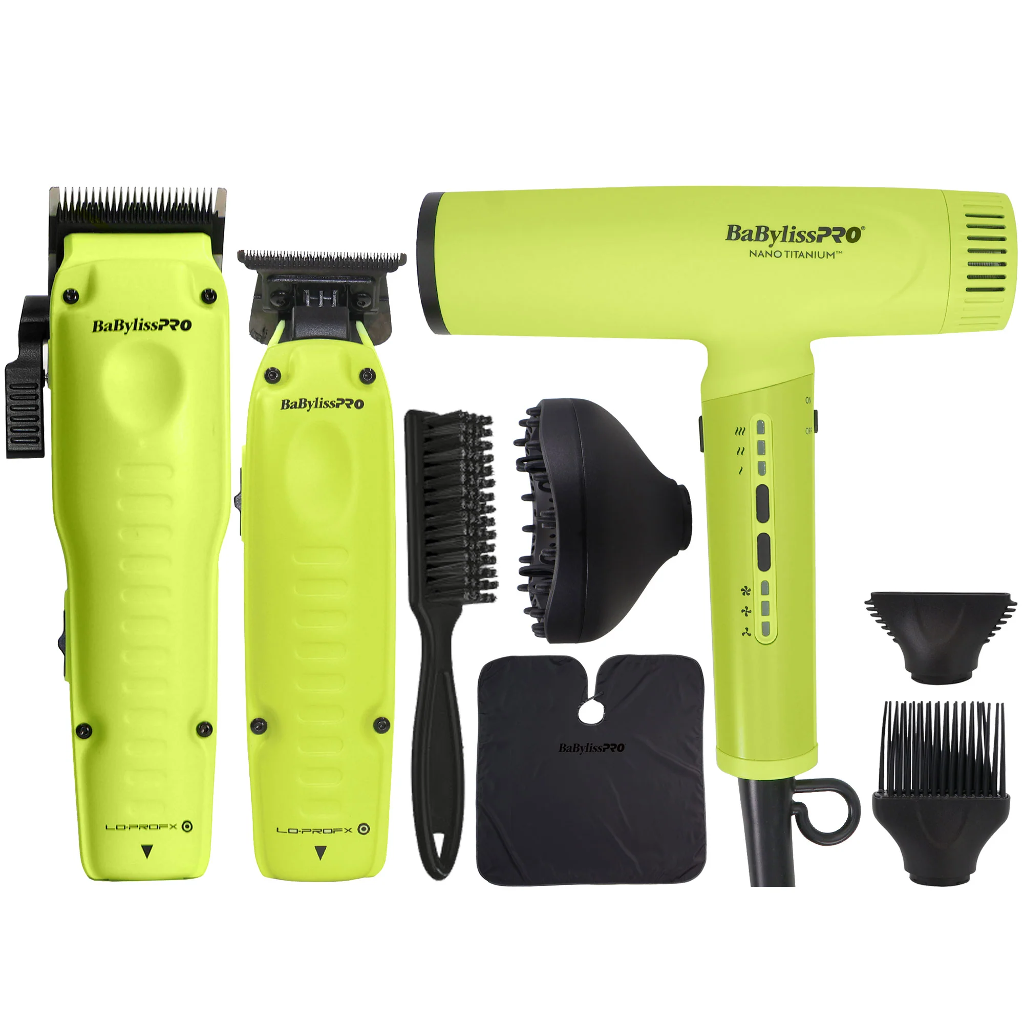BaBylissPRO FXONE Neon Yellow Clipper FX829 & Trimmer FX729NY w/ Battery + Charger + Nano Titanium Light Ionic High Speed Hair Dryer