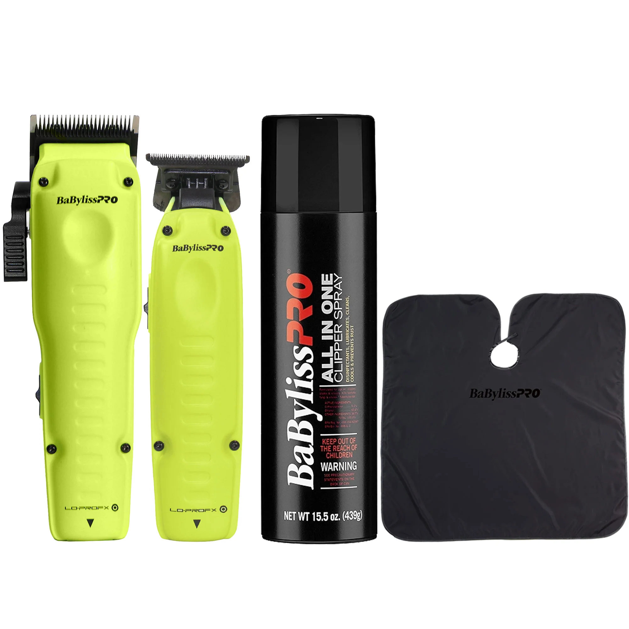 BaBylissPRO FXONE LoProFX Limited Edition Neon Yellow Clipper FX829 & Trimmer FX729NY + All-in-One Spray & Cutting Cape