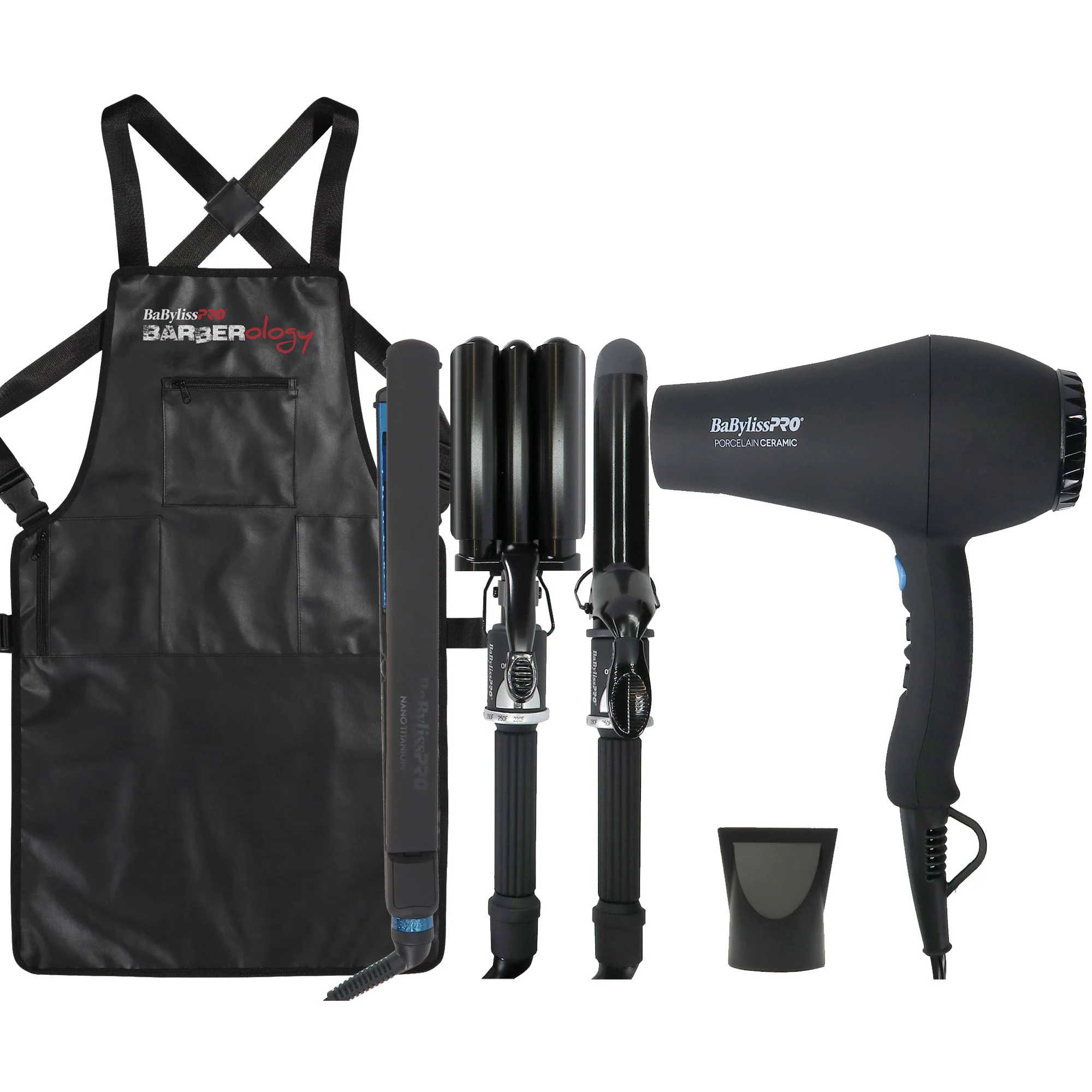 BaByliss Pro LIMITED EDITION Porcelain Ceramic Styling Set (Ionic Dryer, Triple Barrel Waver, 1¼" Spring Curling Iron) BPPP7-24 with Ultra-Thin 1" Flat Iron BNTMB4072TUC and Barber Apron