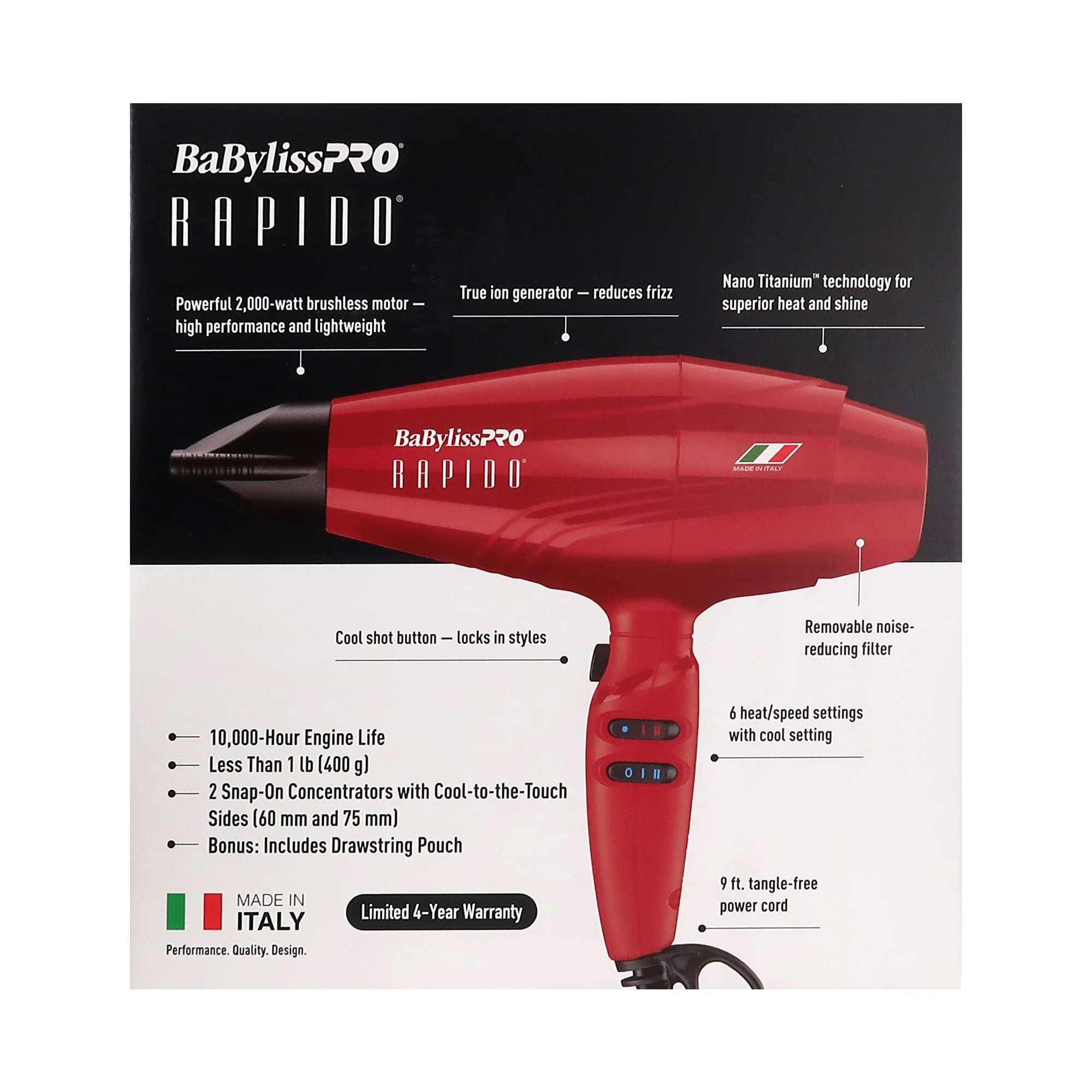 BaByliss Pro Rapido Nano Titanium Italian Performance Hair Dryer (Red) #BRRAP1 with Prima 3000 1¼"  Flat Iron and Prima2000 3/4" Mini Flat / Curling Iron - Image 5