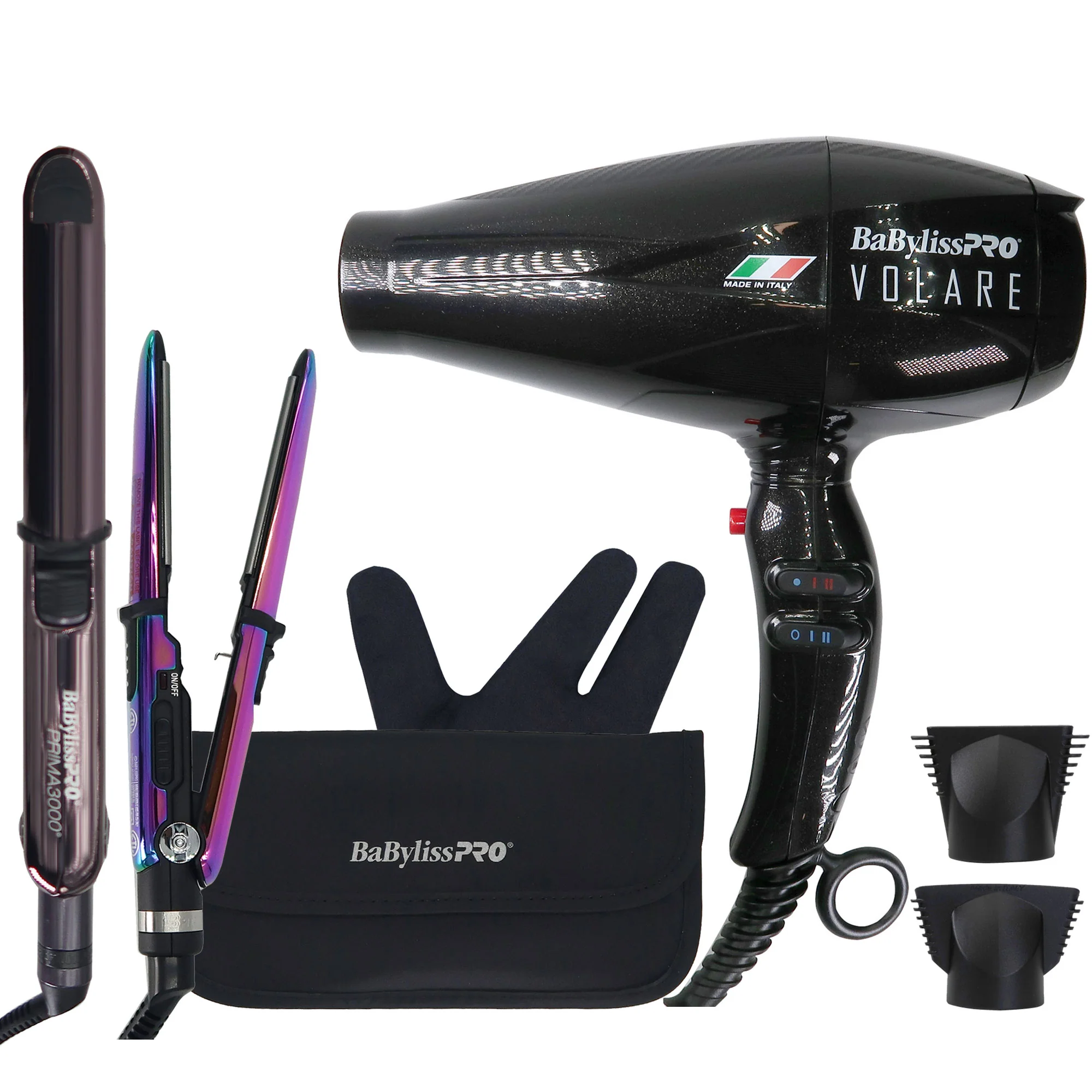 BaByliss Pro Volare Nano Titanium Italian Performance Hair Dryer BVOL1 with Prima 3000 1¼" Flat Iron Midnight Purple and Prima2000 3/4" Mini Flat / Curling Iron Iridescent #BNTBRB2000UC